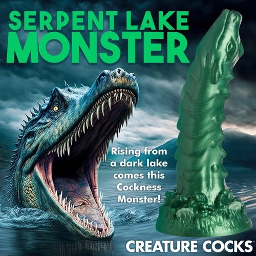 Metallic green Creature Cocks Cockness Monster silicone dildo featuring creature-inspired textures and an aquatic base.