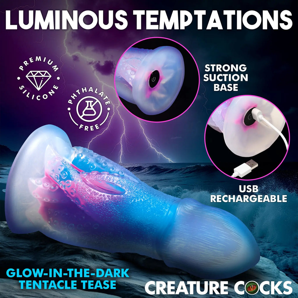 Creature Cocks Cocktopus: A blue and pink glow-in-the-dark silicone dildo with tentacle details and a suction base.