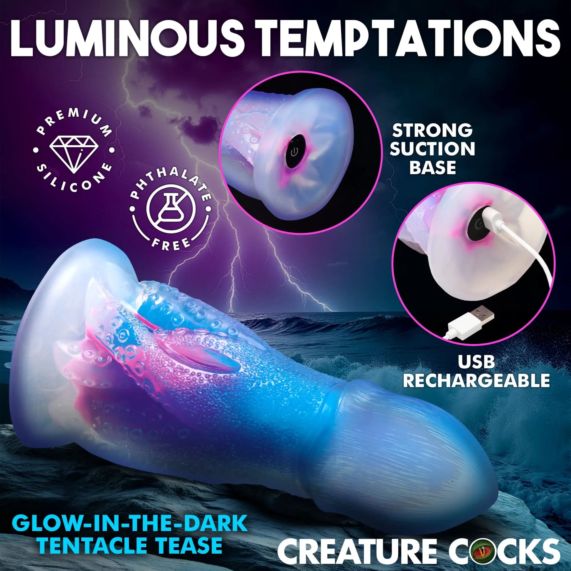 Creature Cocks Cocktopus: A blue and pink glow-in-the-dark silicone dildo with tentacle details and a suction base.
