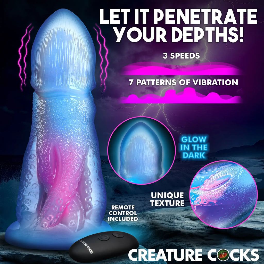 Creature Cocks Cocktopus: A textured, blue and pink glow-in-the-dark silicone dildo with an included remote control.