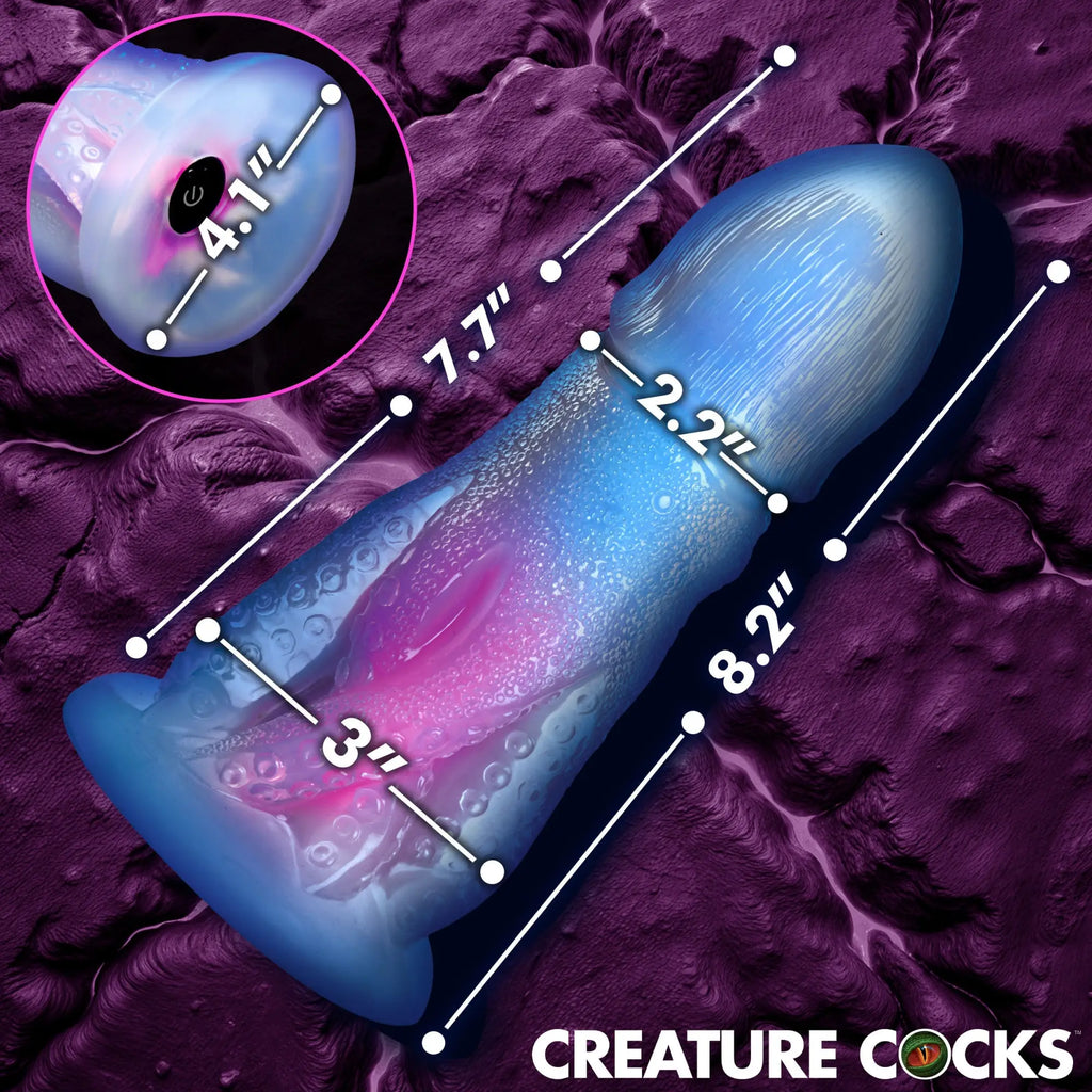 Creature Cocks Cocktopus silicone dildo in blue and pink with octopus tentacle textures and dimensions labeled.