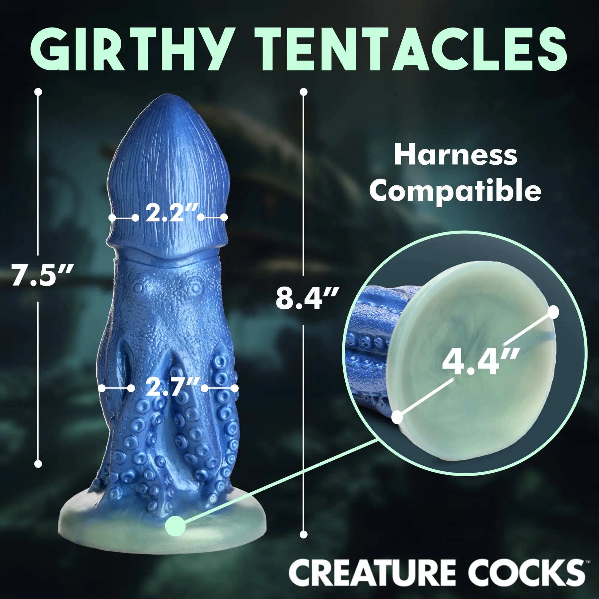 Blue Creature Cocks Cocktopus silicone dildo with tentacle textures and suction cup base, shown with size dimensions.