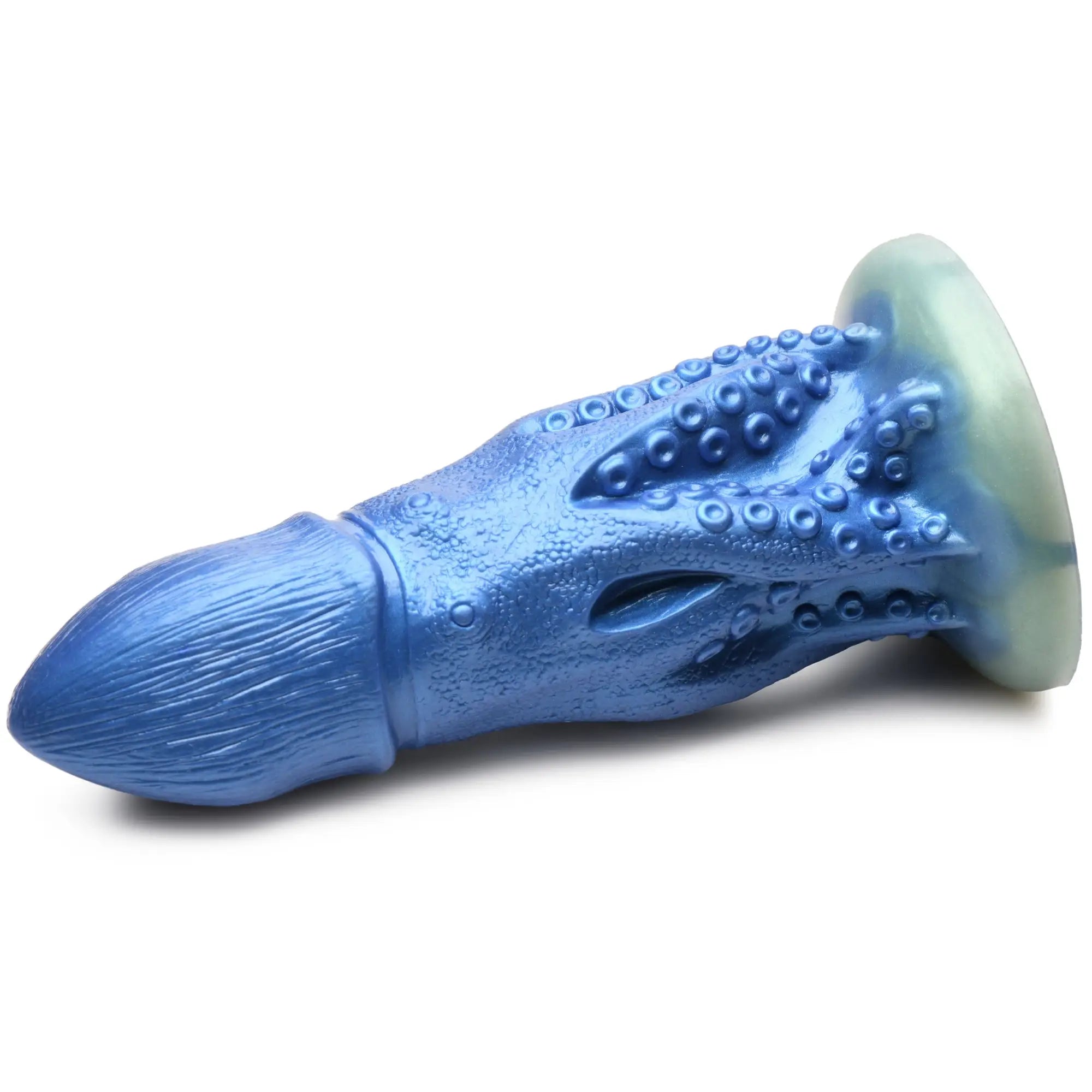 Blue Creature Cocks Cocktopus silicone dildo with a tapered head, textured tentacle body, and suction cup base.