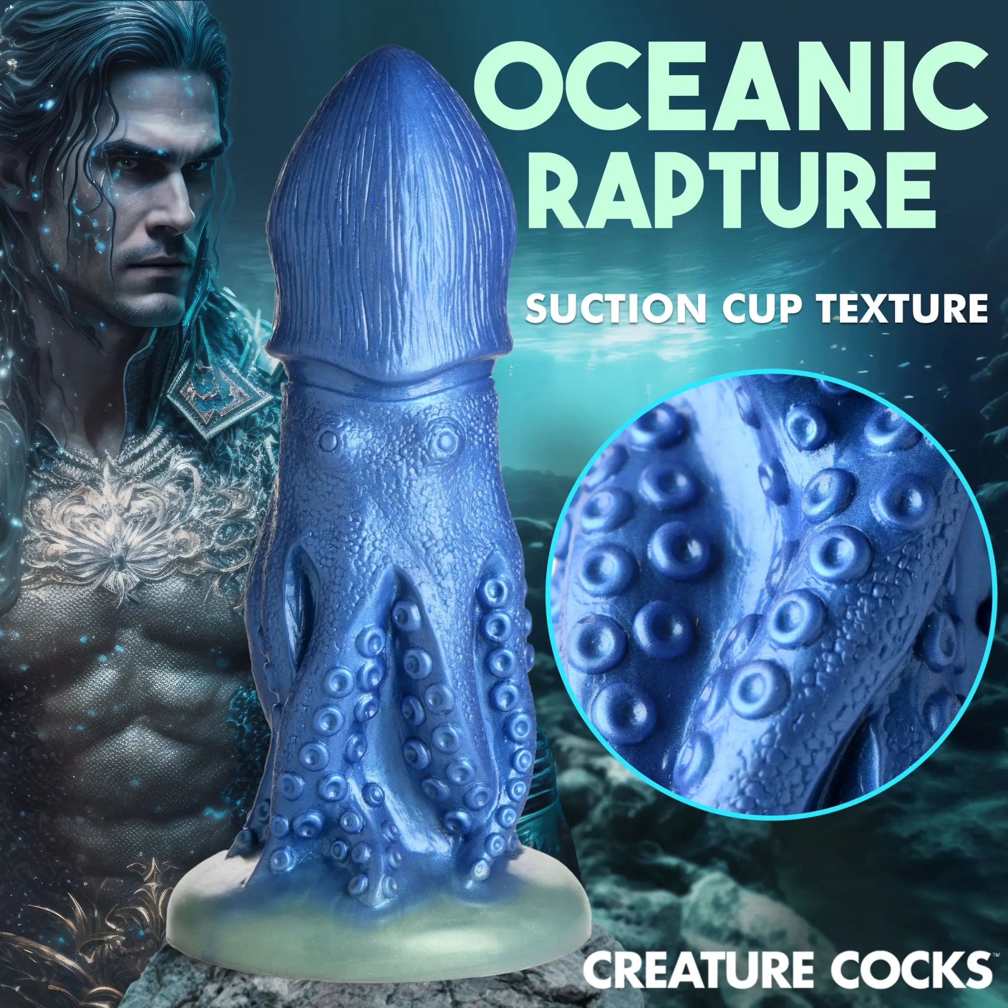 Blue Creature Cocks Cocktopus silicone dildo with tentacle textures and suction cups, shown against an oceanic background.