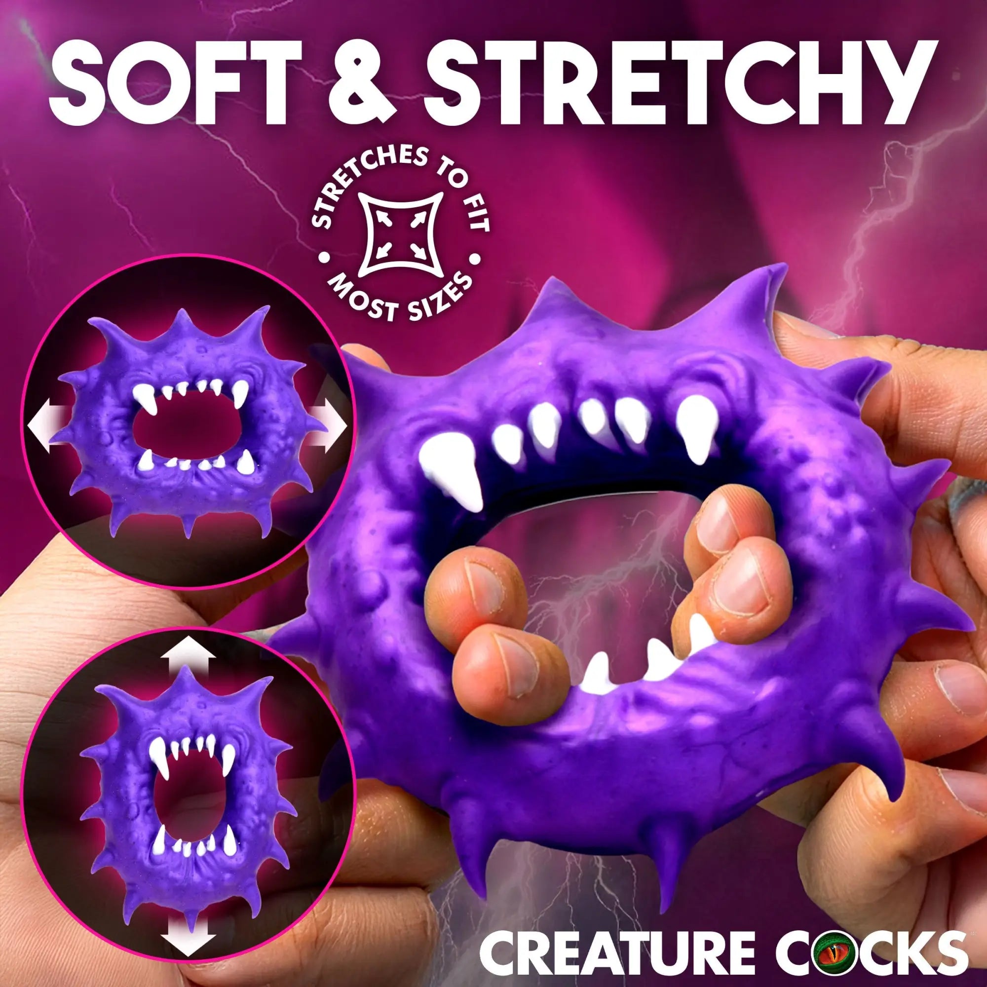 Purple Creature Cocks Constrictor silicone cock ring with monster spikes and teeth, being stretched by hands.