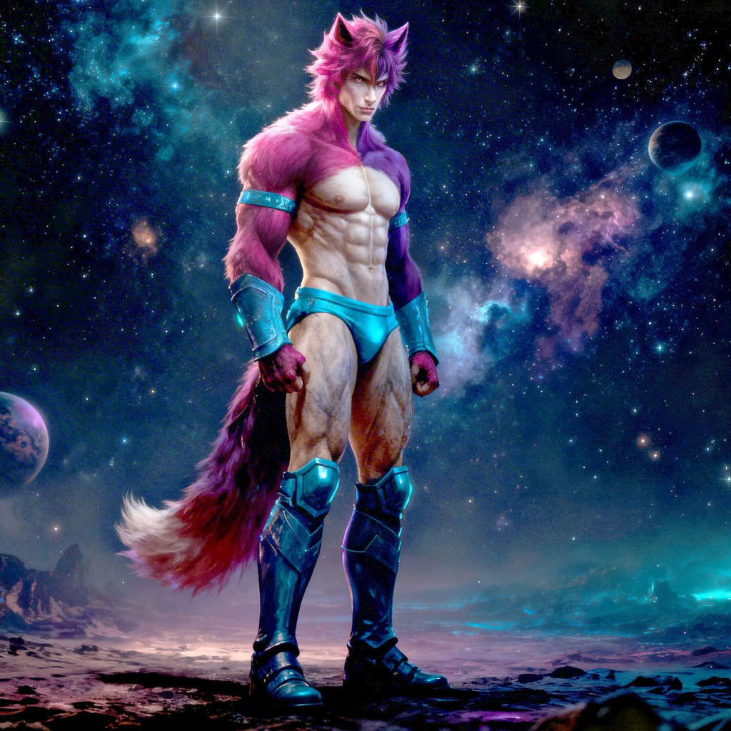 Creature Cocks Cosmo Hound silicone butt plug art featuring a muscular, pink-furred anthropomorphic wolf in space.