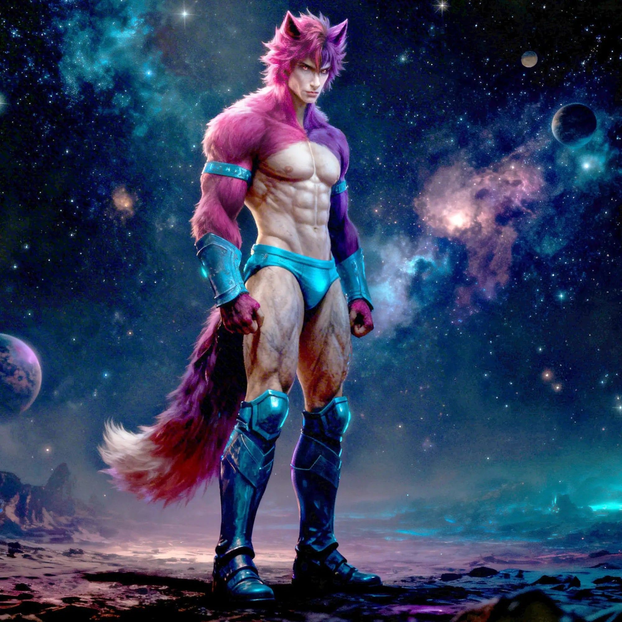 Creature Cocks Cosmo Hound silicone butt plug art featuring a muscular, pink-furred anthropomorphic wolf in space.