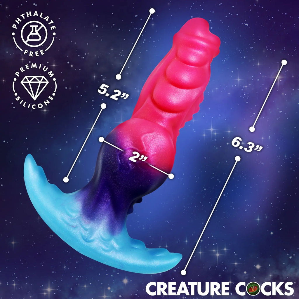 Creature Cocks Cosmo Hound silicone butt plug in a gradient of pink, purple, and blue with product dimensions labeled.