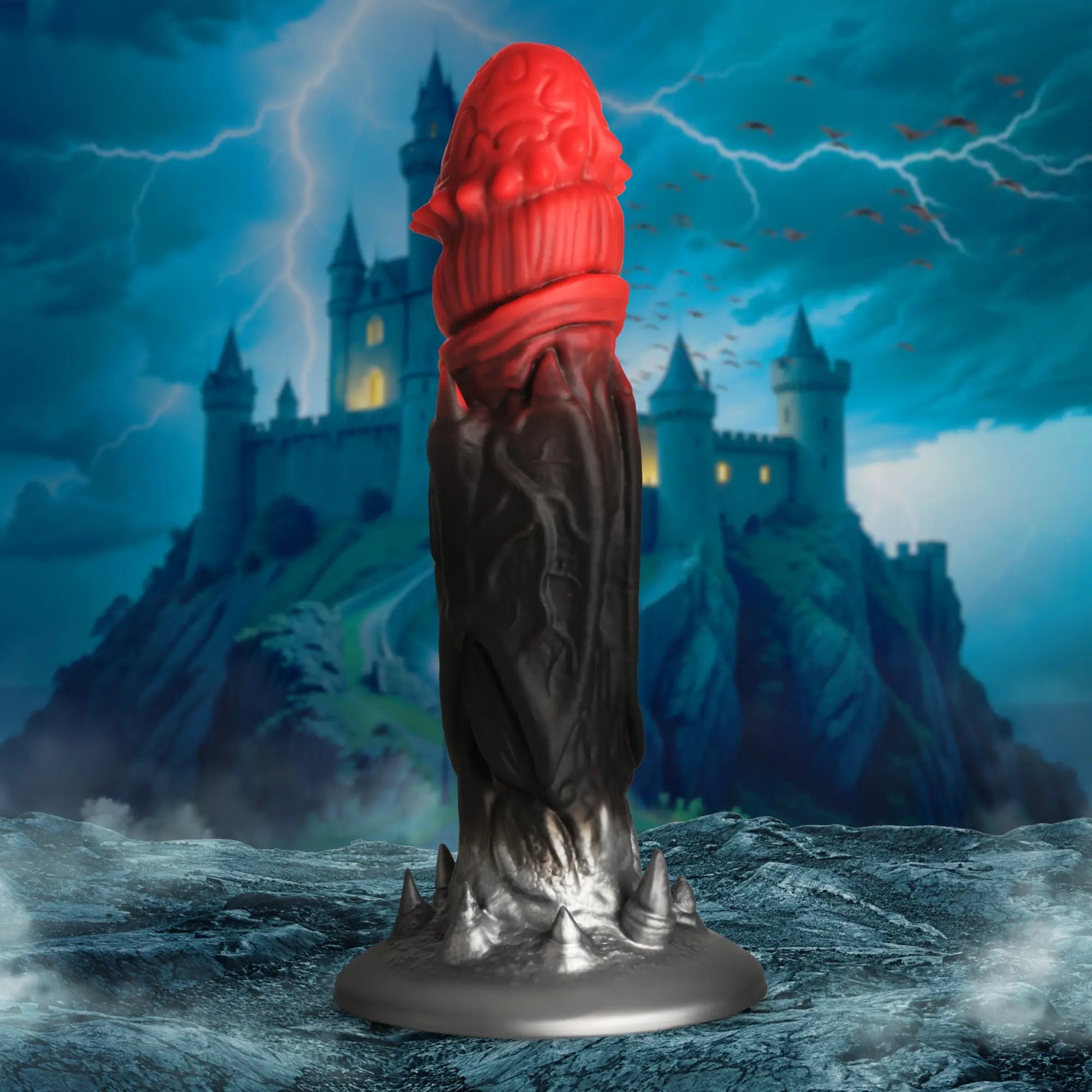 Creature Cocks Count Cockula dildo: red-to-black textured silicone with a spiked base, set against a castle background.