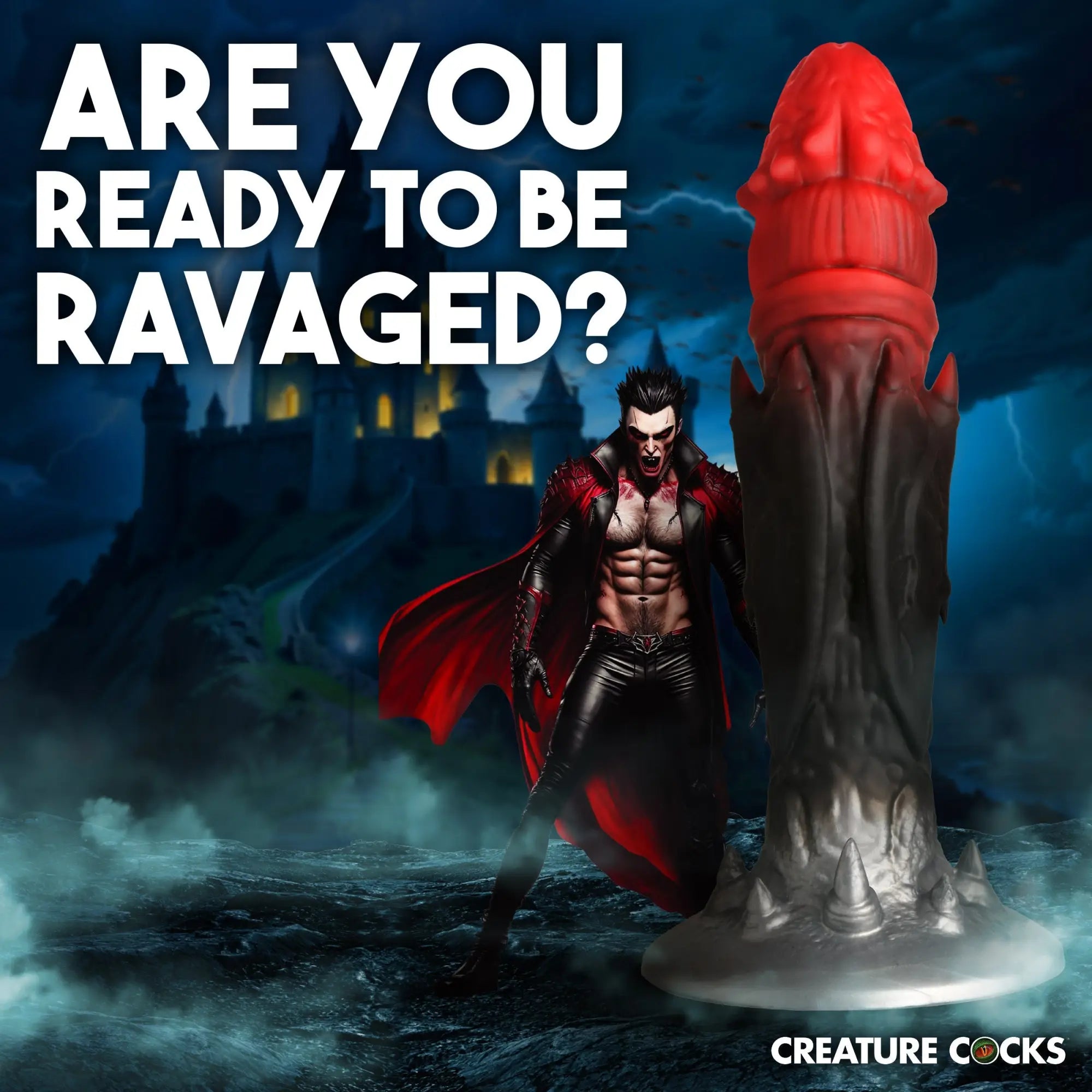 Creature Cocks Count Cockula dildo: a red-to-black textured silicone phallic toy with a gothic vampire illustration.