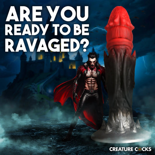Creature Cocks Count Cockula dildo: a red-to-black textured silicone phallic toy with a gothic vampire illustration.
