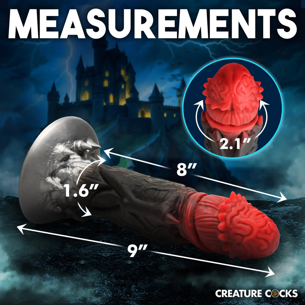 Count Cockula silicone dildo with measurements: black base and shaft, red textured head, against a gothic castle backdrop.