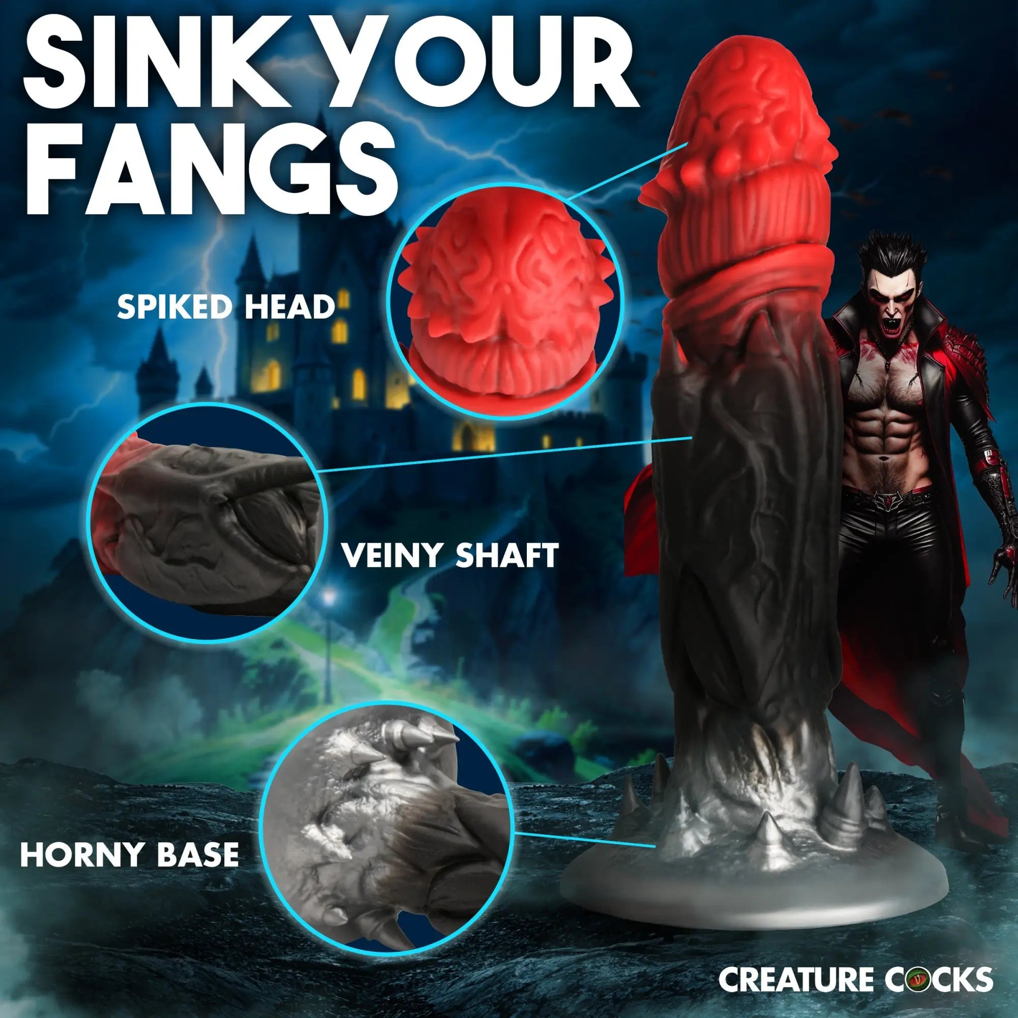 Creature Cocks Count Cockula dildo: a red-topped, black veiny silicone toy with a spiked base and vampire theme.