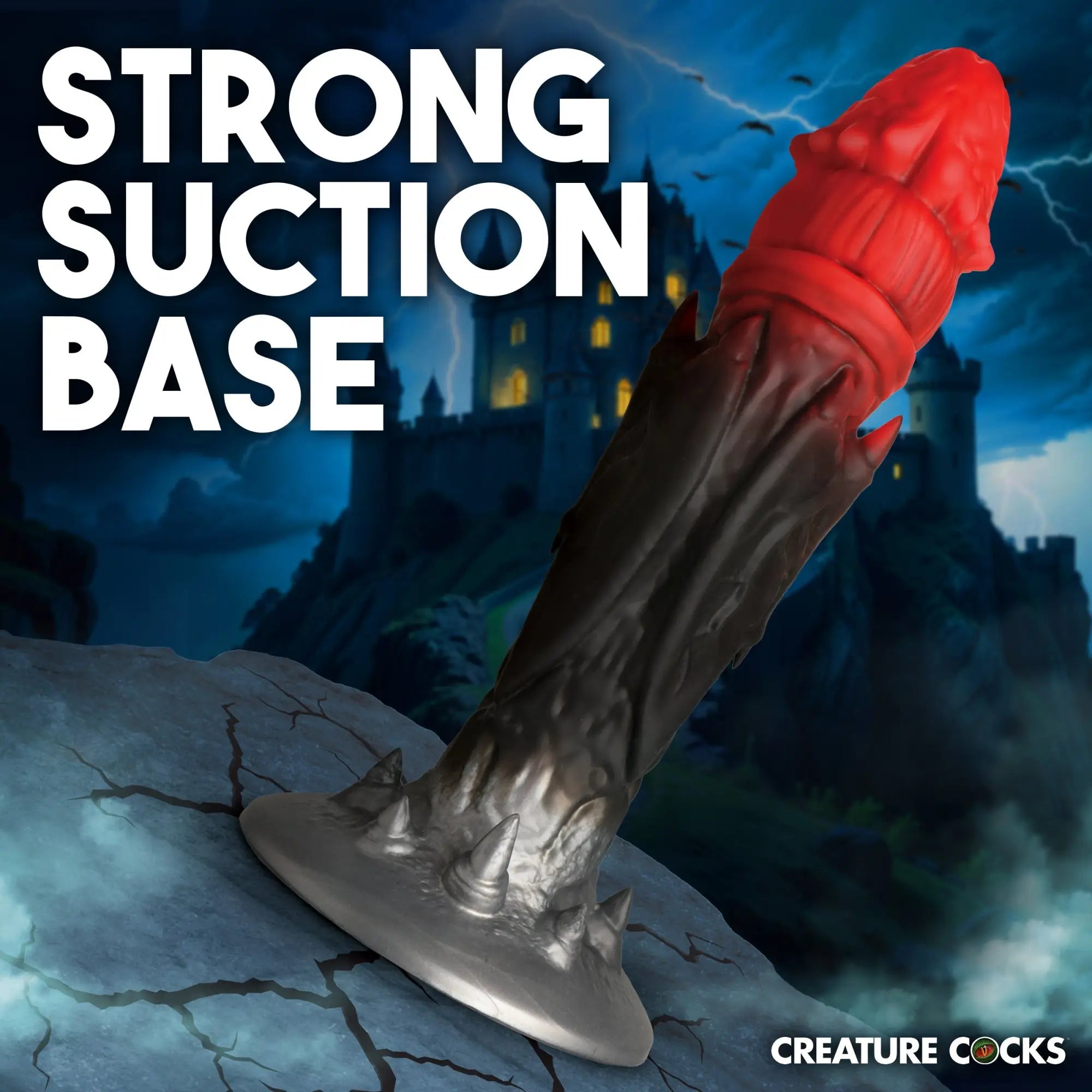 Creature Cocks Count Cockula dildo: red and black gothic-style silicone toy with a spiked suction base on a rock.