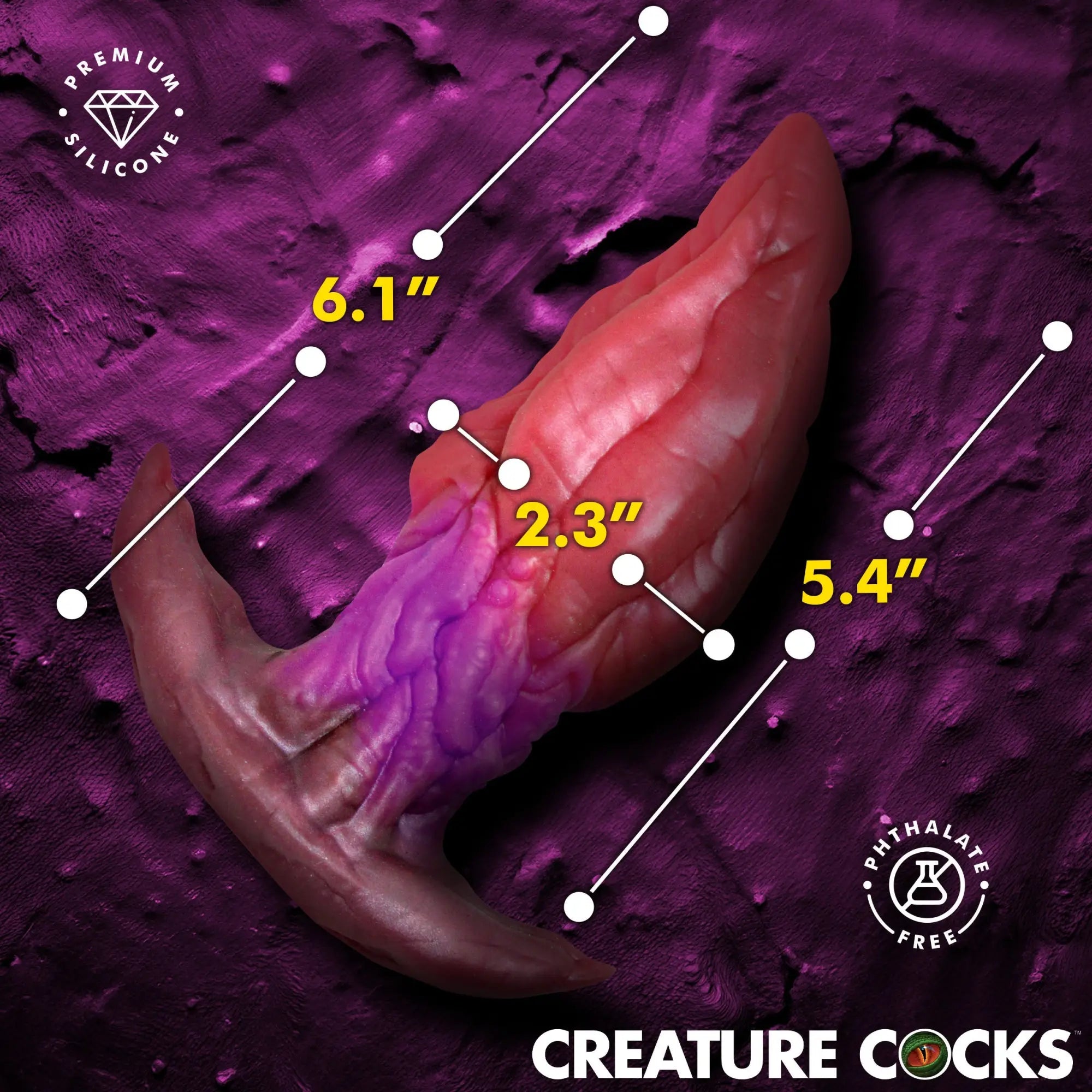 Creature Cocks Crawler silicone butt plug in pink and purple, featuring a textured, alien-inspired design with dimensions.