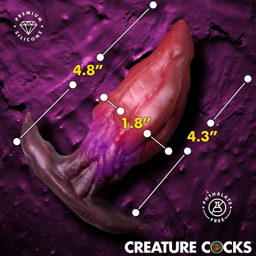 Creature Cocks Crawler silicone butt plug: a textured, red-to-purple gradient fantasy toy with labeled dimensions.