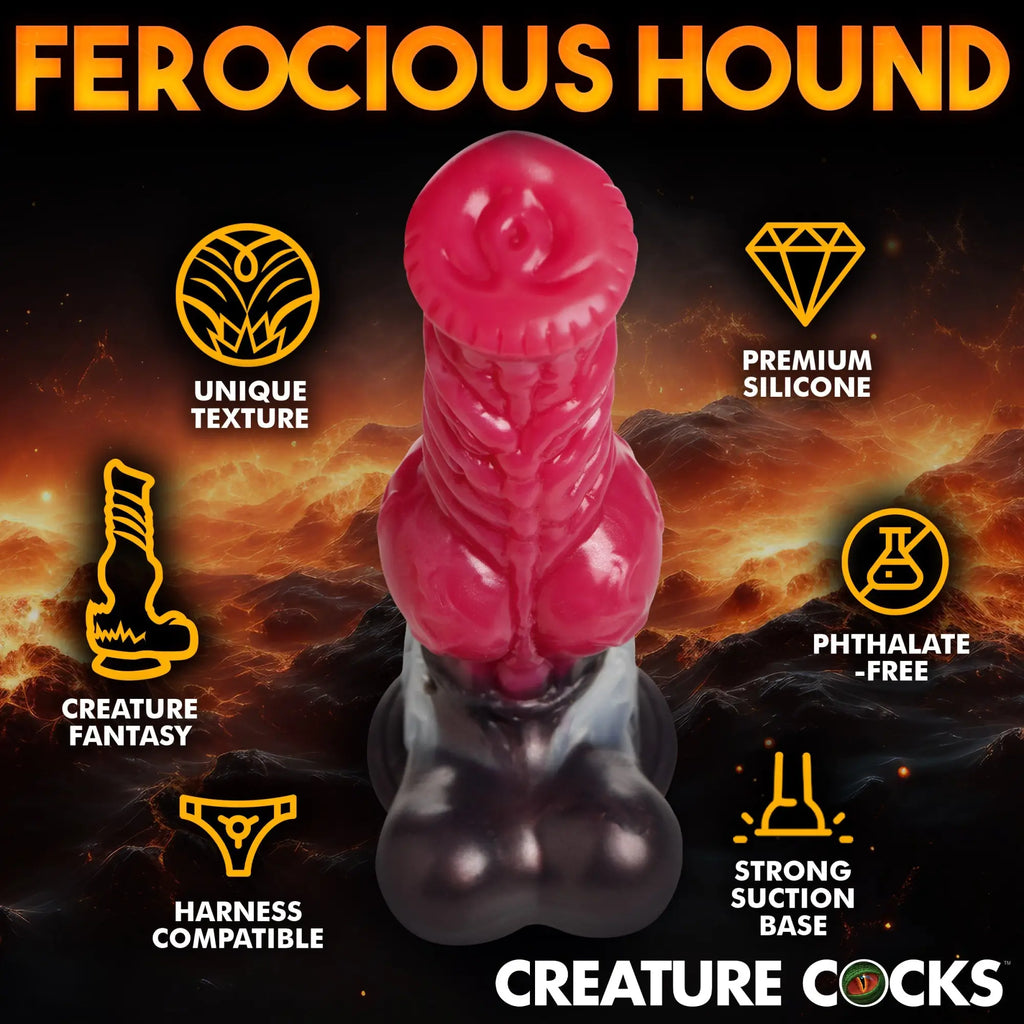 Creature Cocks Cujo Canine silicone dildo in hot pink and dark grey, with textured detail and suction base.