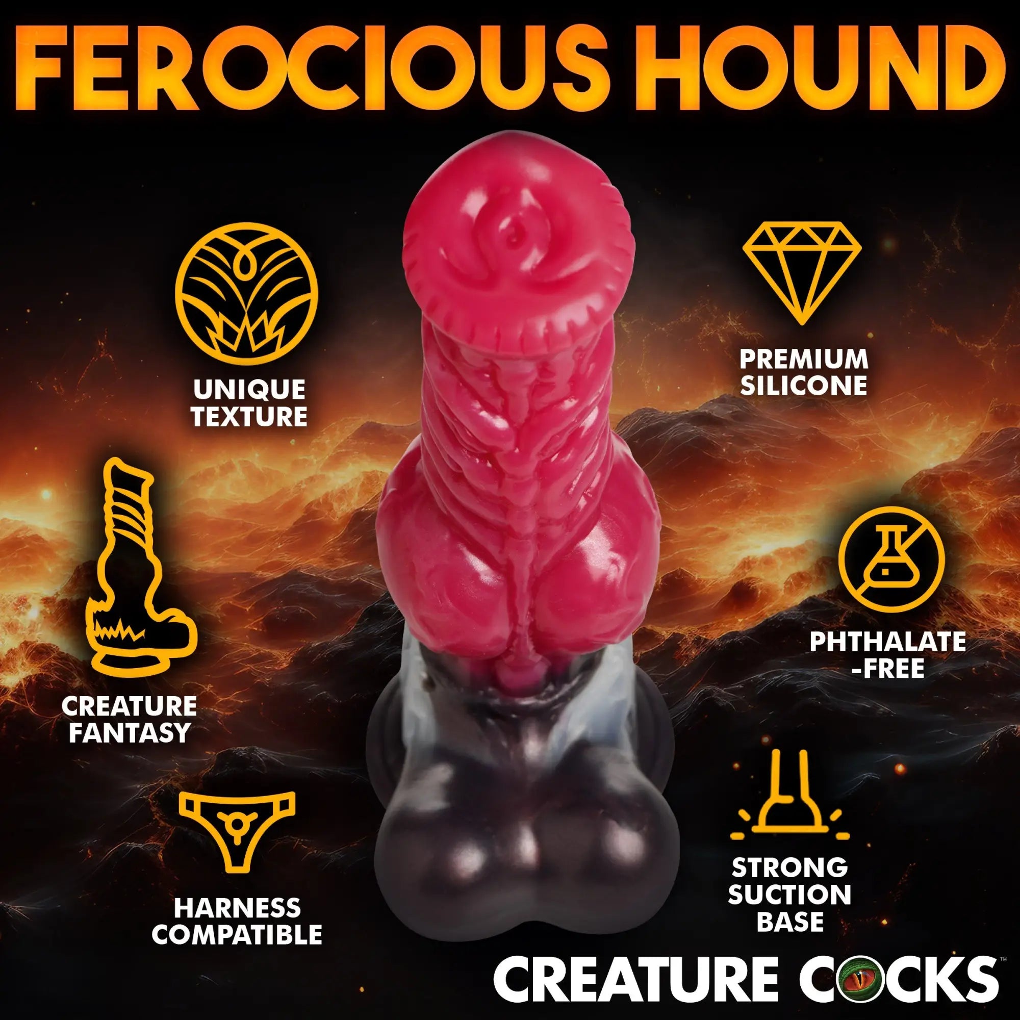 Creature Cocks Cujo Canine silicone dildo in hot pink and dark grey, with textured detail and suction base.