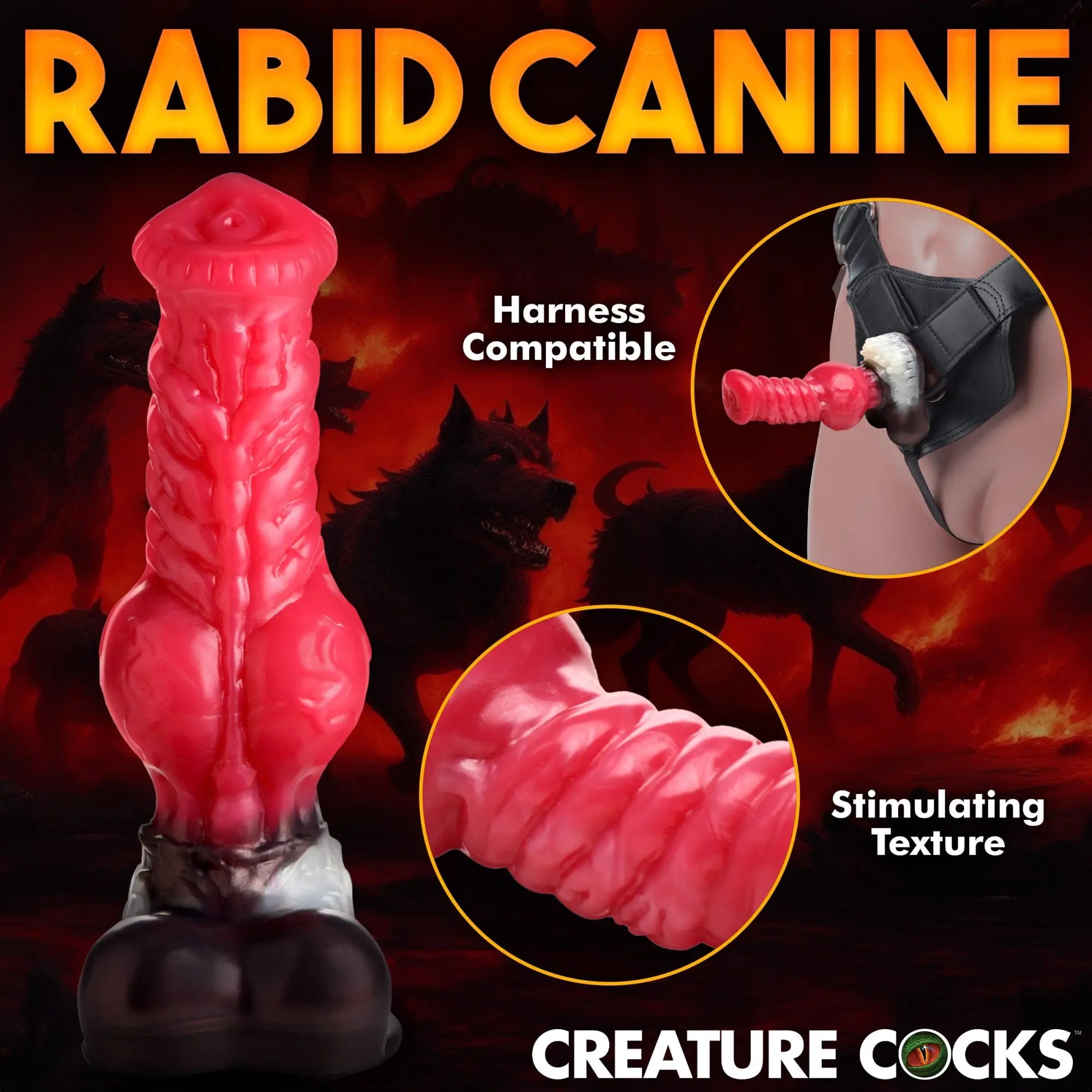 Creature Cocks Cujo silicone dildo: a red, textured canine-style phallus with a black base, shown in and out of a harness.