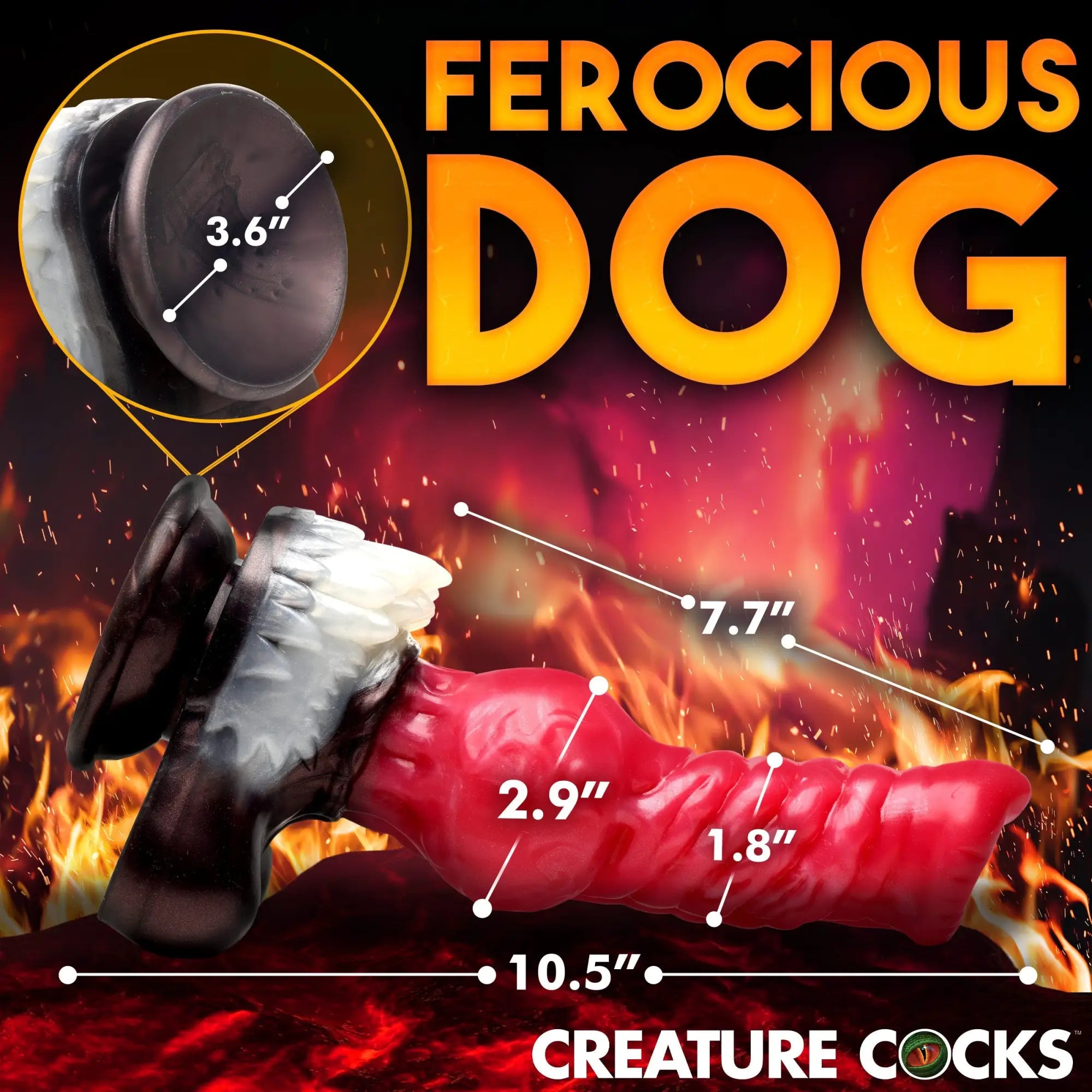 Creature Cocks Cujo Canine silicone dildo: a red, textured, fantasy-style toy with white accents and suction base.