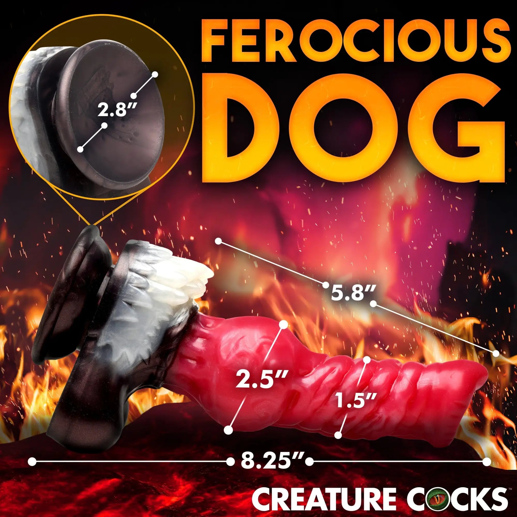 Creature Cocks Cujo silicone dildo: a red, canine-style toy with black base, white detailing, and measurement labels.