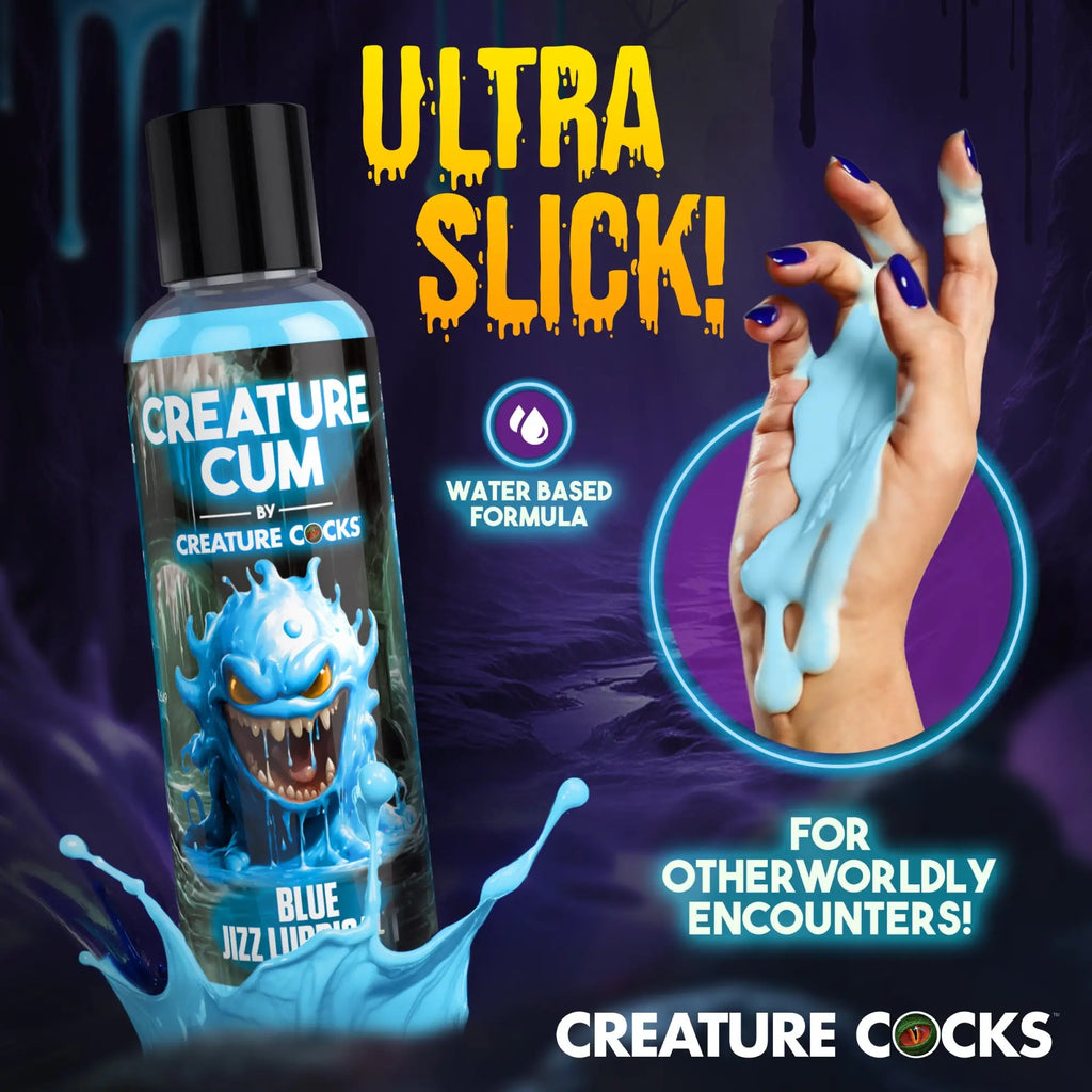 A bottle of blue, water-based lubricant next to a hand covered in a viscous, light-blue liquid.