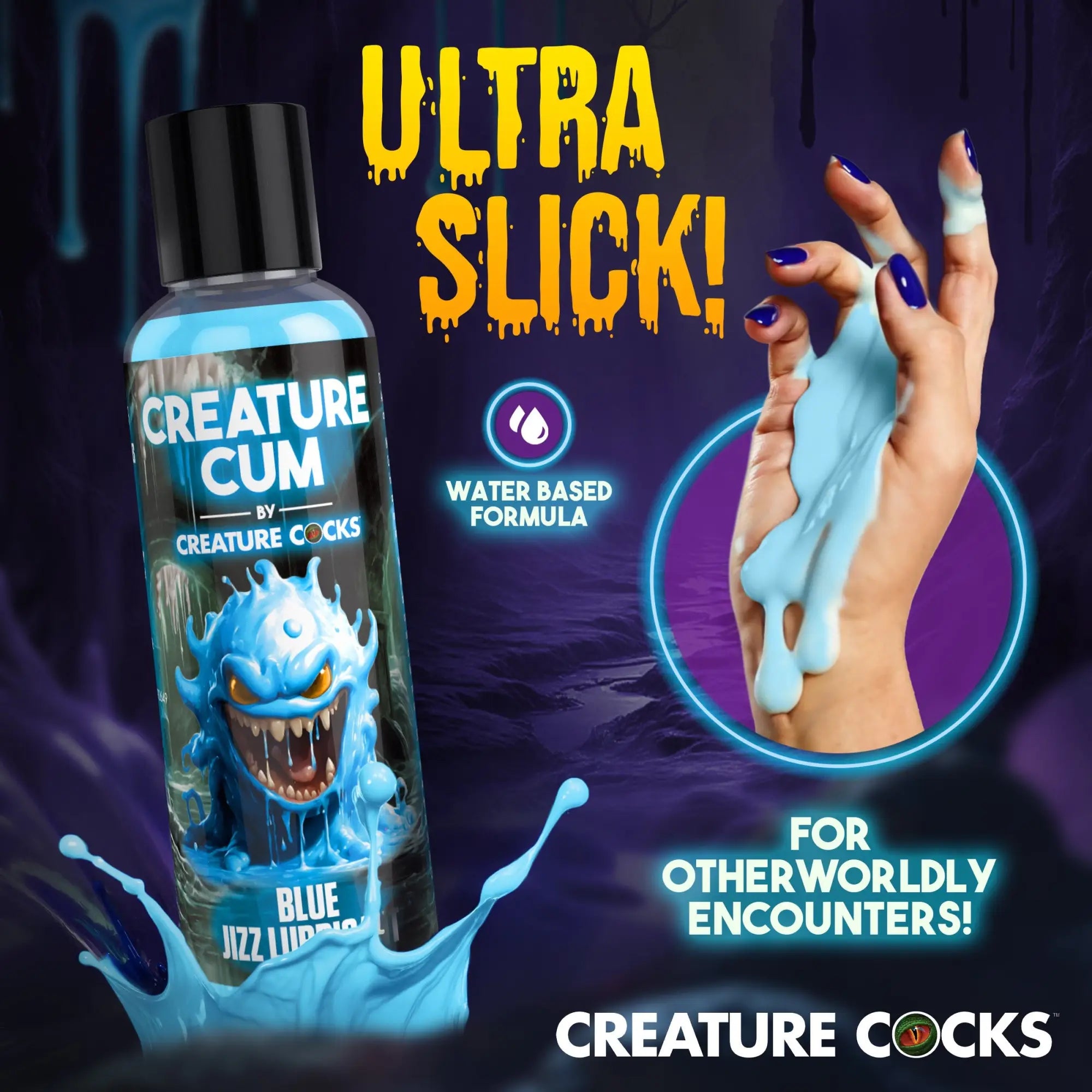 A bottle of blue, water-based lubricant next to a hand covered in a viscous, light-blue liquid.