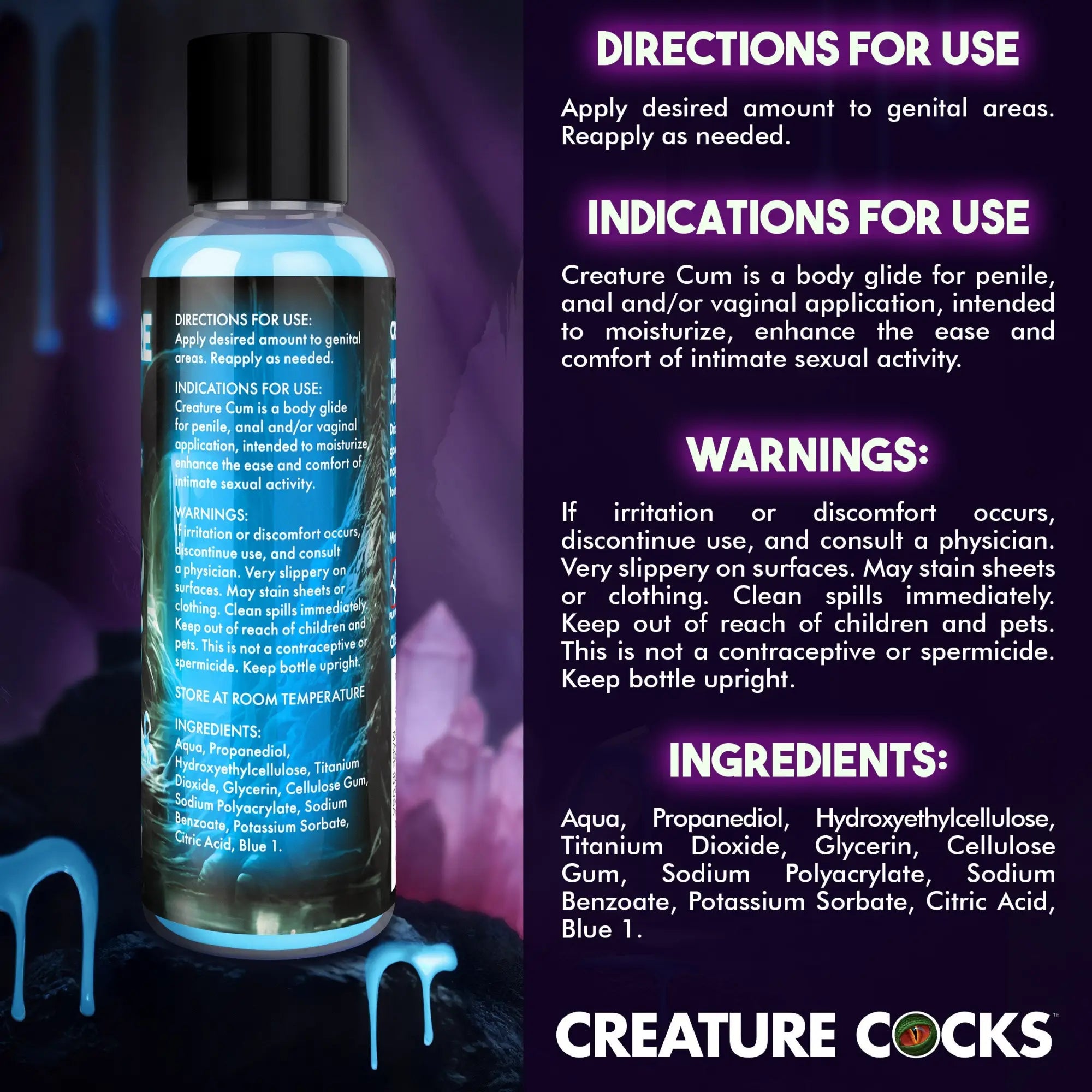 Creature Cocks Creature Cum blue lubricant bottle against a dark background with informational text.