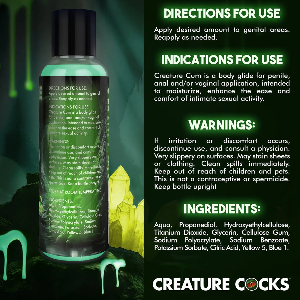 Creature Cocks Green Jizz lubricant bottle in a dark, glowing theme with text overlay showing product directions.