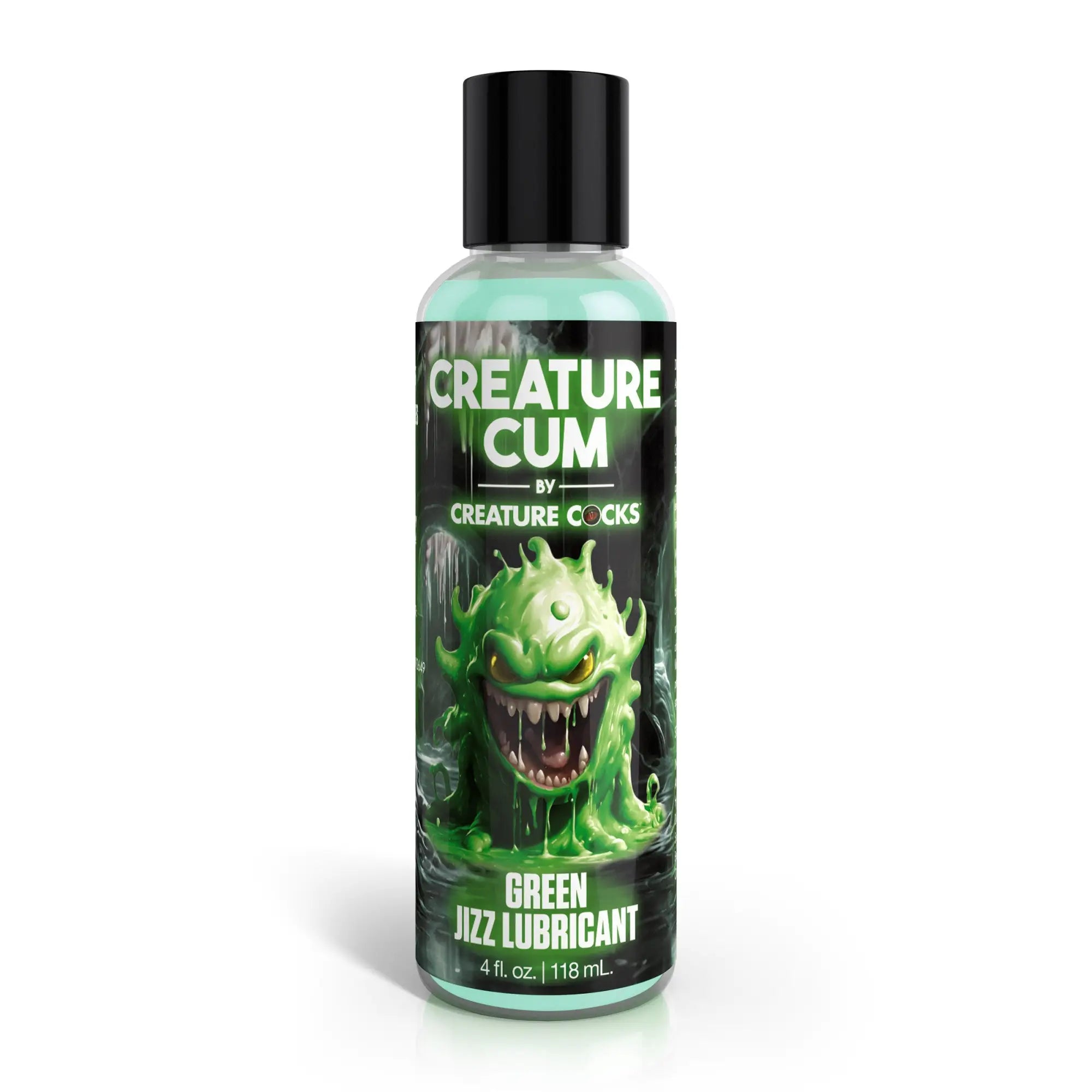 Creature Cocks Green Jizz lubricant bottle featuring a monster graphic on a black label with a black cap.