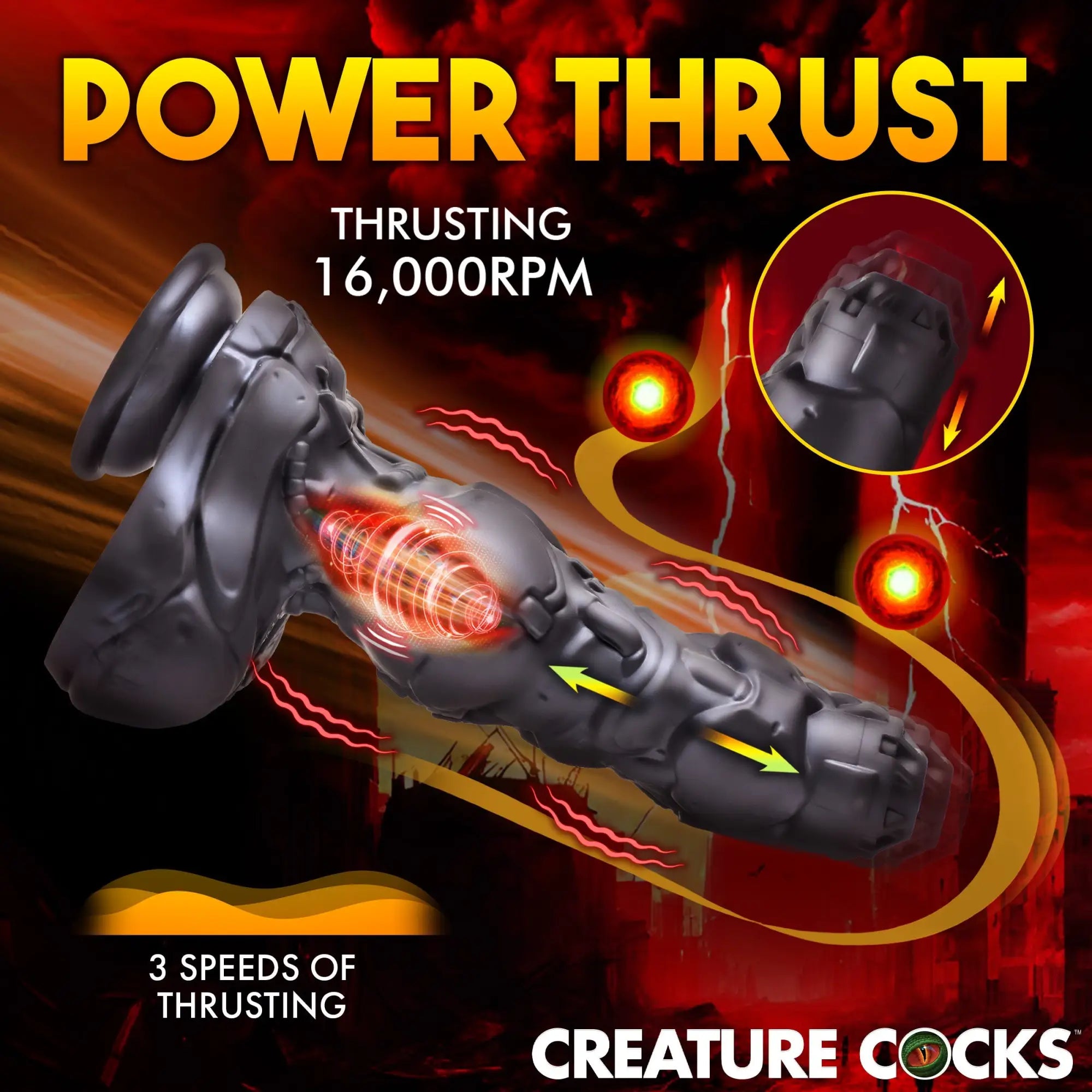 Creature Cocks Cyborg dildo: matte black, sculpted, robotic design with thrusting mechanics shown on a red background.