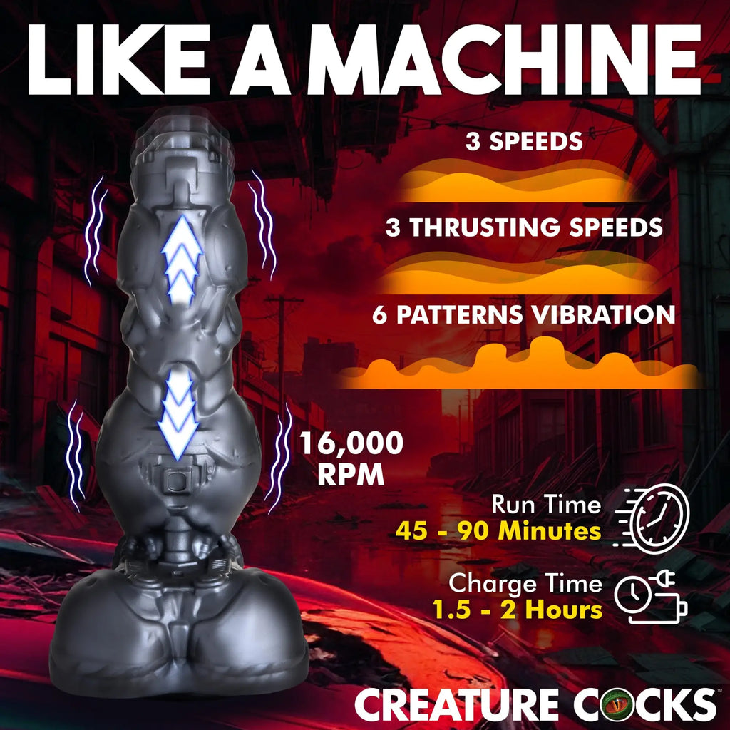 Grey Creature Cocks Cyborg dildo with mechanical detailing, showing thrusting and vibration features on a red background.