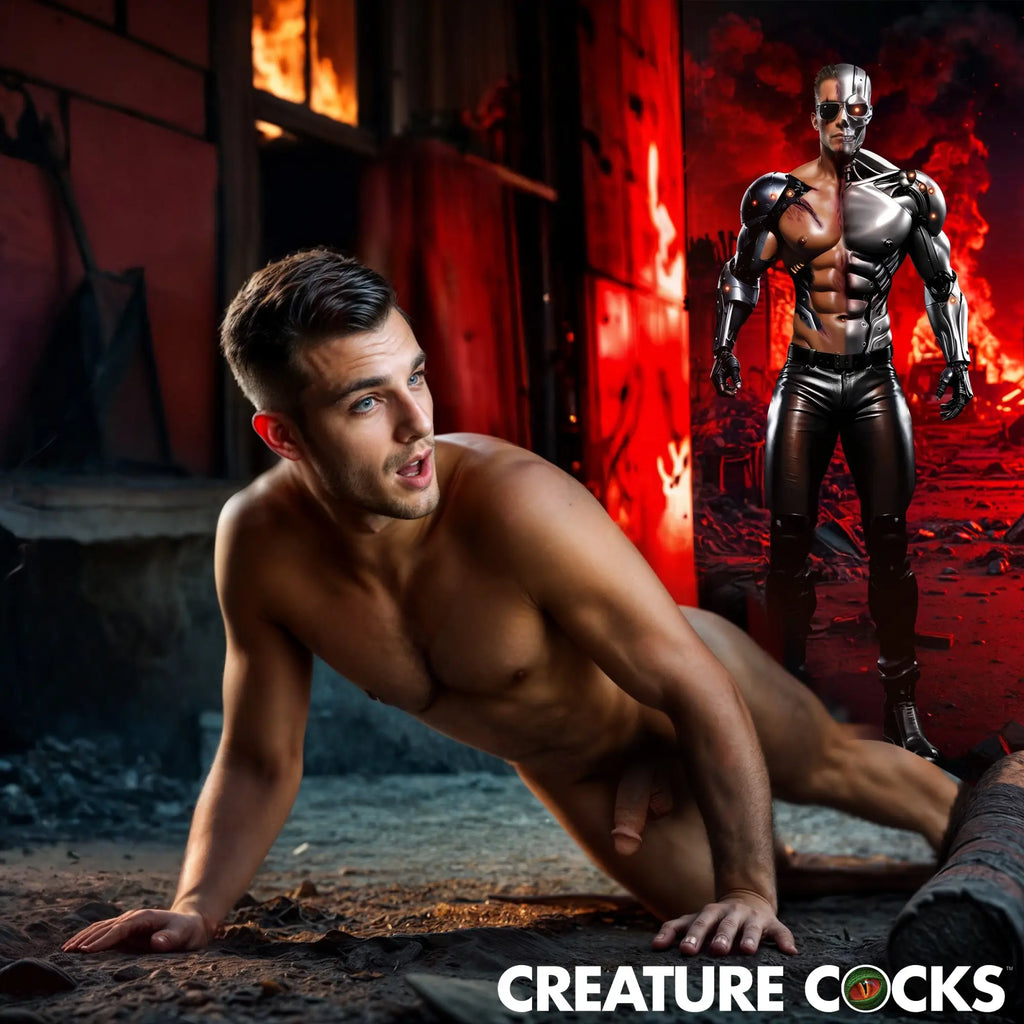 Creature Cocks Cyborg dildo: A cinematic scene featuring a shirtless man and a cyborg against a fiery, post-apocalyptic.