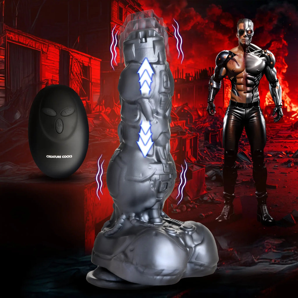Creature Cocks Cyborg dildo: grey, textured silicone thrusting and vibrating toy with black wireless remote control.