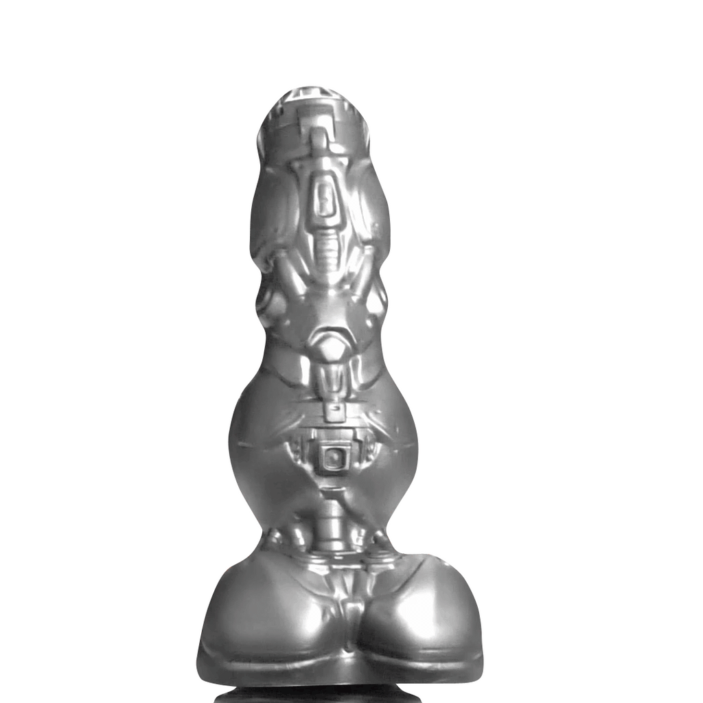 Creature Cocks Cyborg dildo in metallic silver with detailed mechanical, robot-inspired patterns and a bulbous shape.