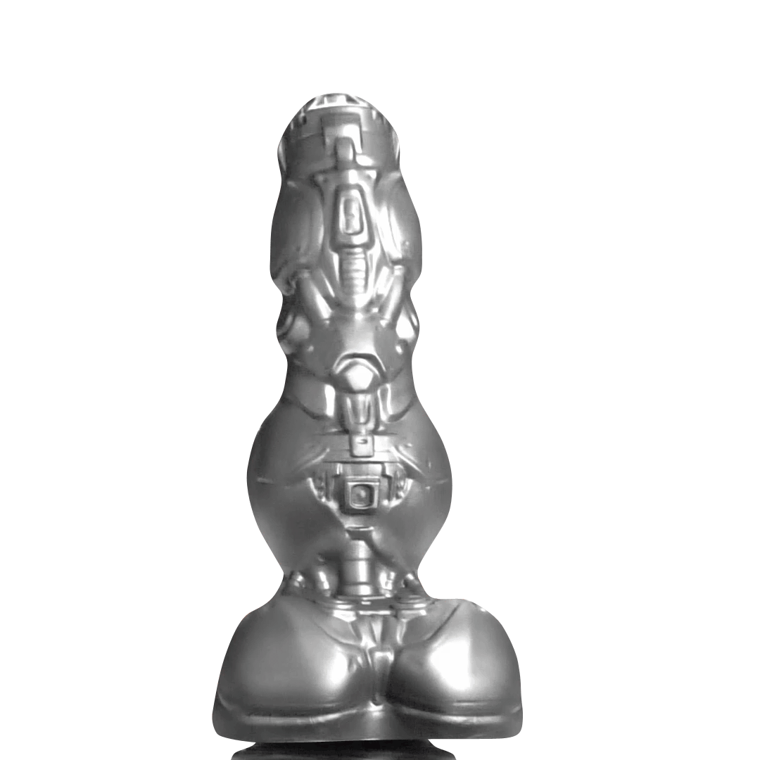 Creature Cocks Cyborg dildo in metallic silver with detailed mechanical, robot-inspired patterns and a bulbous shape.