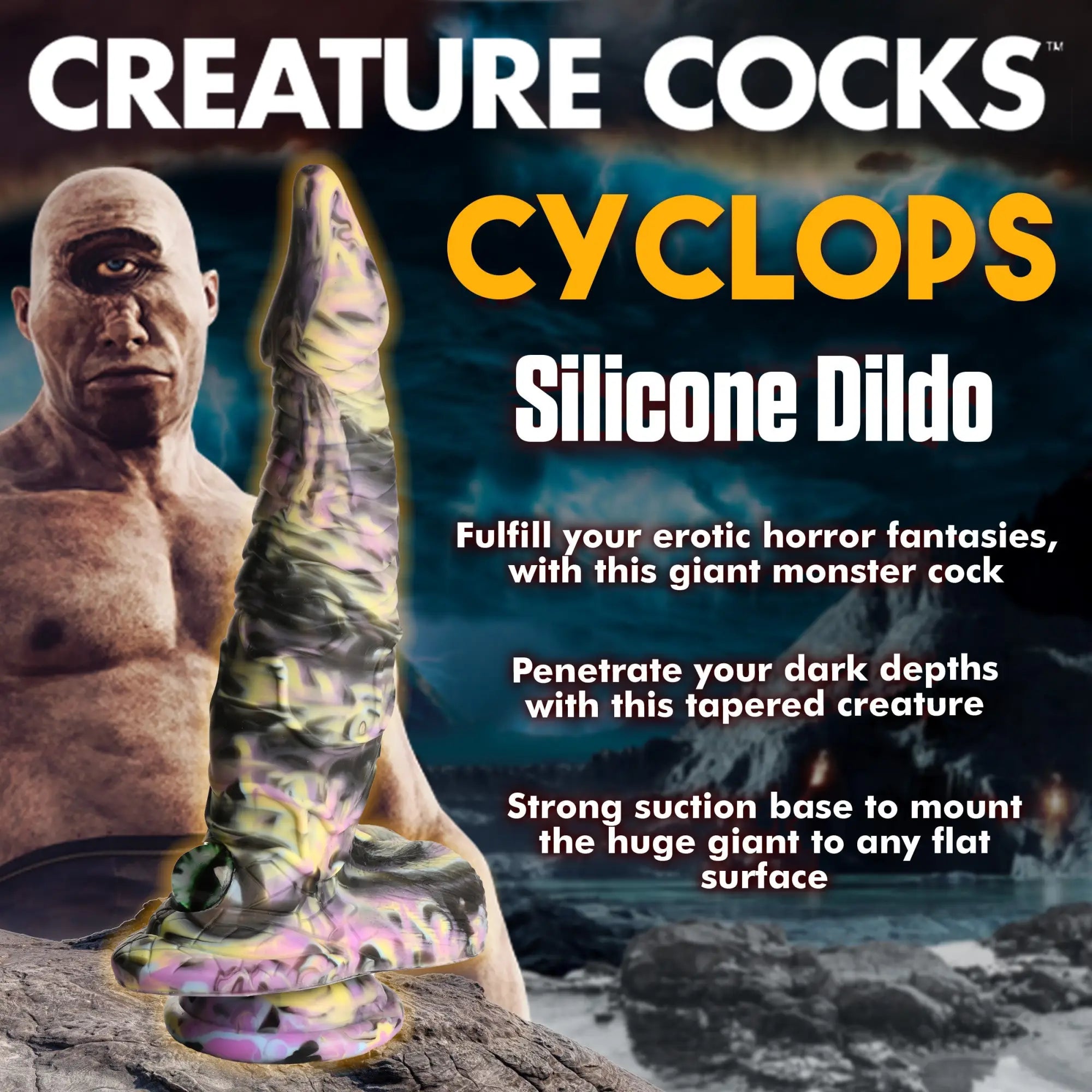 Creature Cocks Cyclops silicone dildo in a marbled purple, yellow, and black colorway with a suction cup base.