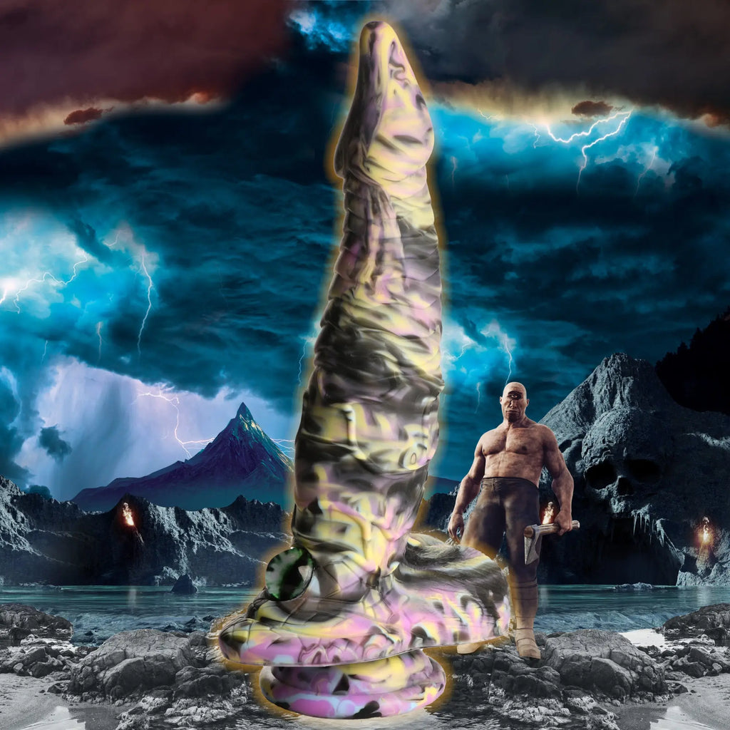 Creature Cocks Cyclops monster silicone dildo with a marbled purple, yellow, and black design against a stormy backdrop.