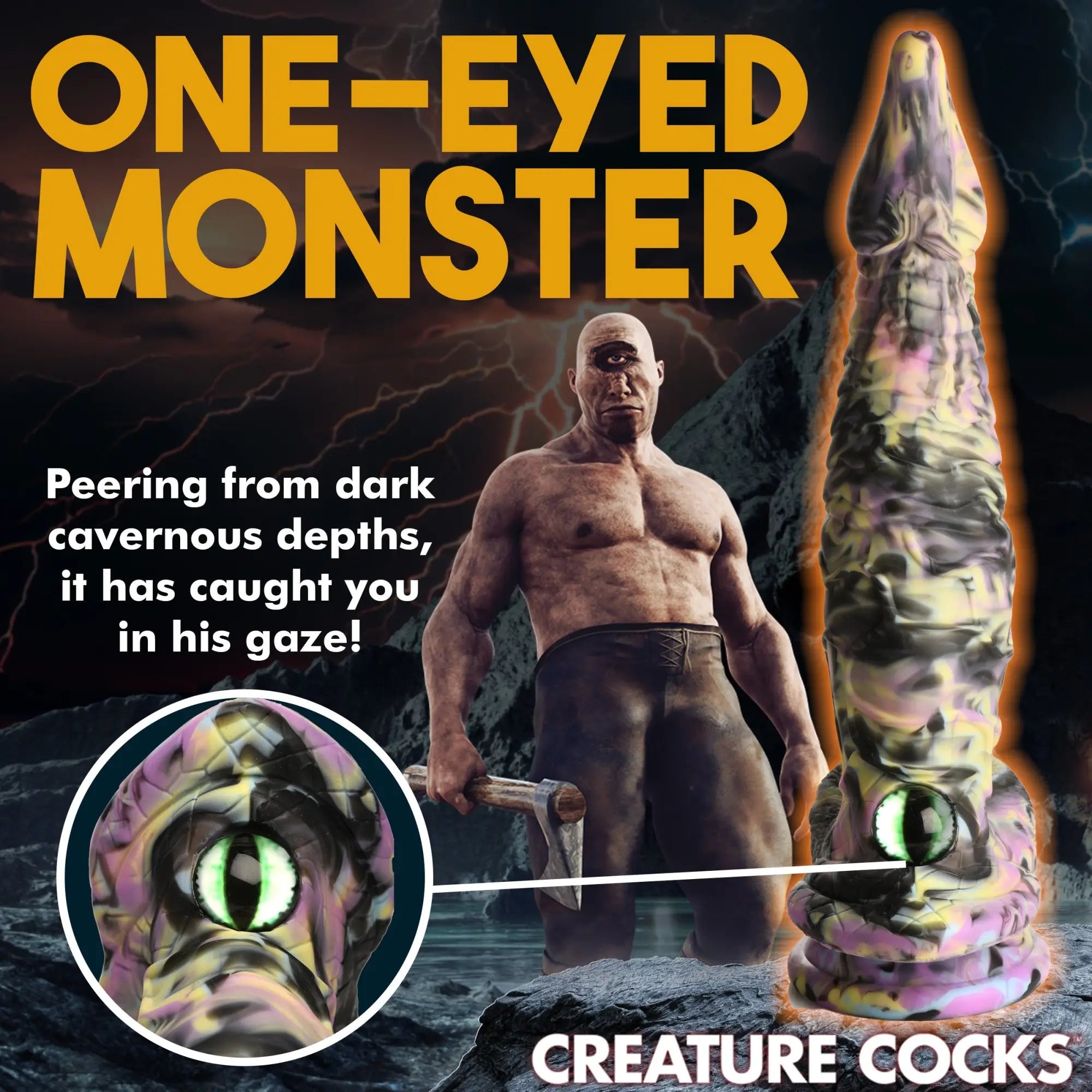 Creature Cocks Cyclops monster dildo in a marbled purple, black, and yellow silicone with a realistic green glass eye.