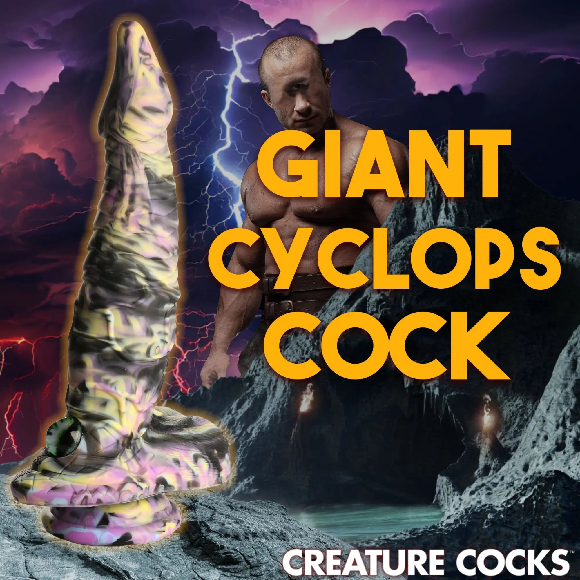Creature Cocks Cyclops monster silicone dildo in a marbled purple, yellow, and black design with an eye at the base.