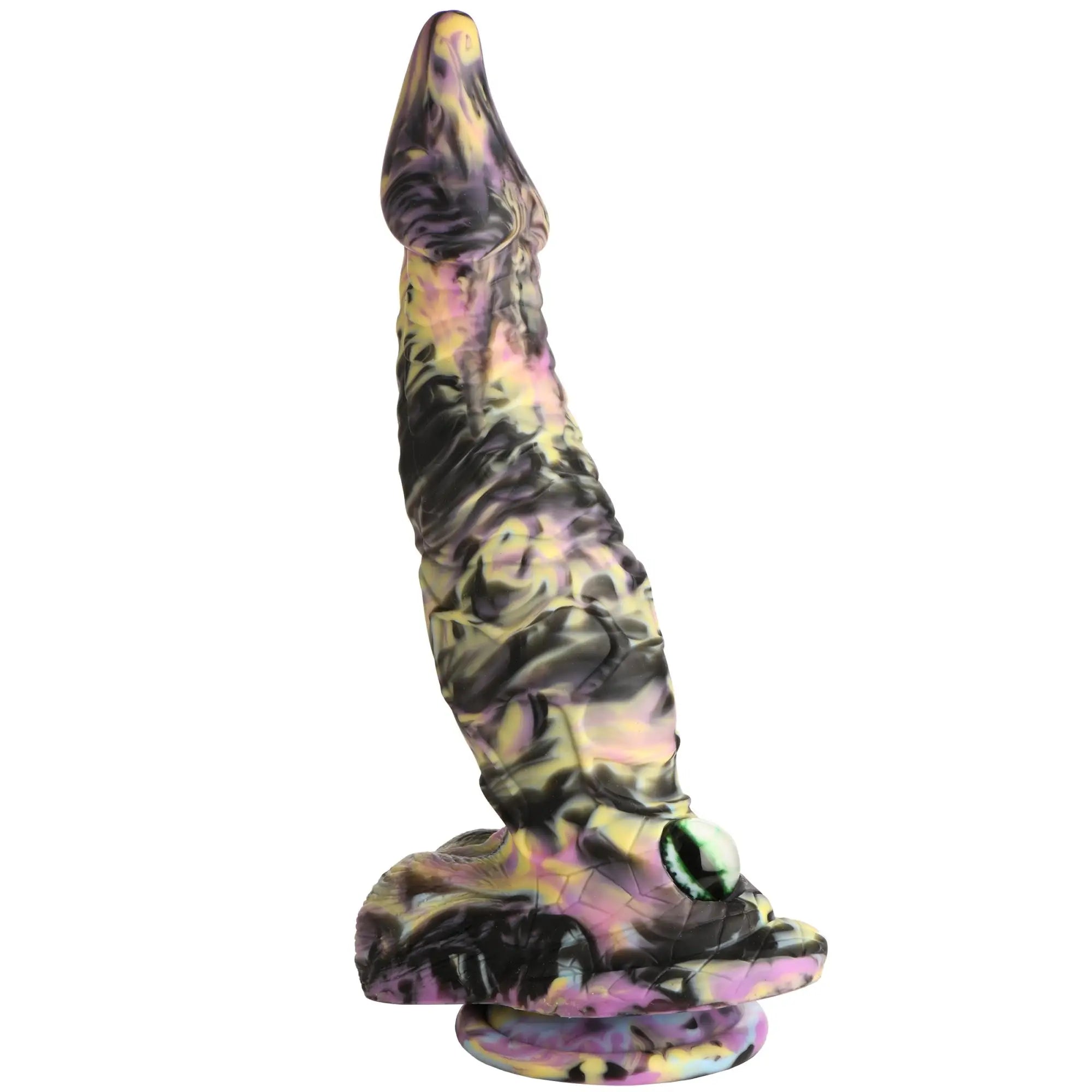 Creature Cocks Cyclops monster dildo in a marbled purple, yellow, and black silicone with a prominent green eye feature.