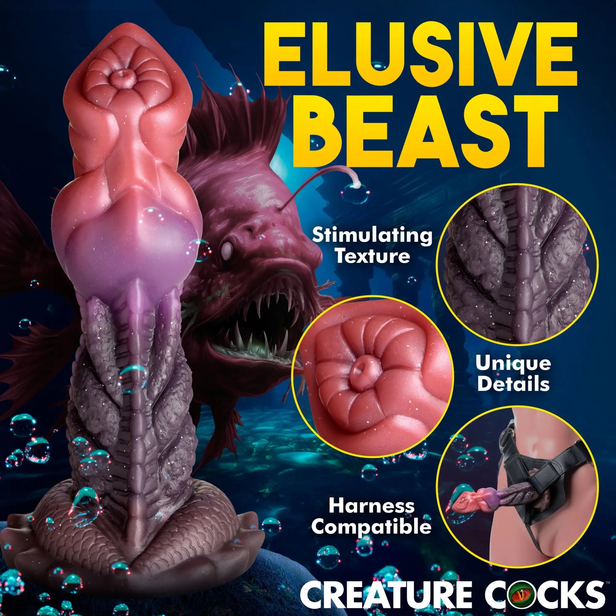 Creature Cocks Deep Diver dildo features a pink-to-purple gradient, textured sea-creature design, and harness compatibility.
