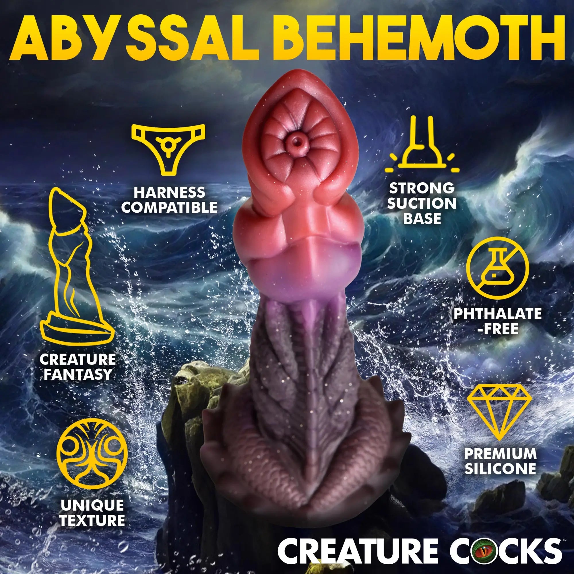 Creature Cocks Deep Diver dildo: a red-to-purple ombre silicone fantasy toy with textured scales and suction base.