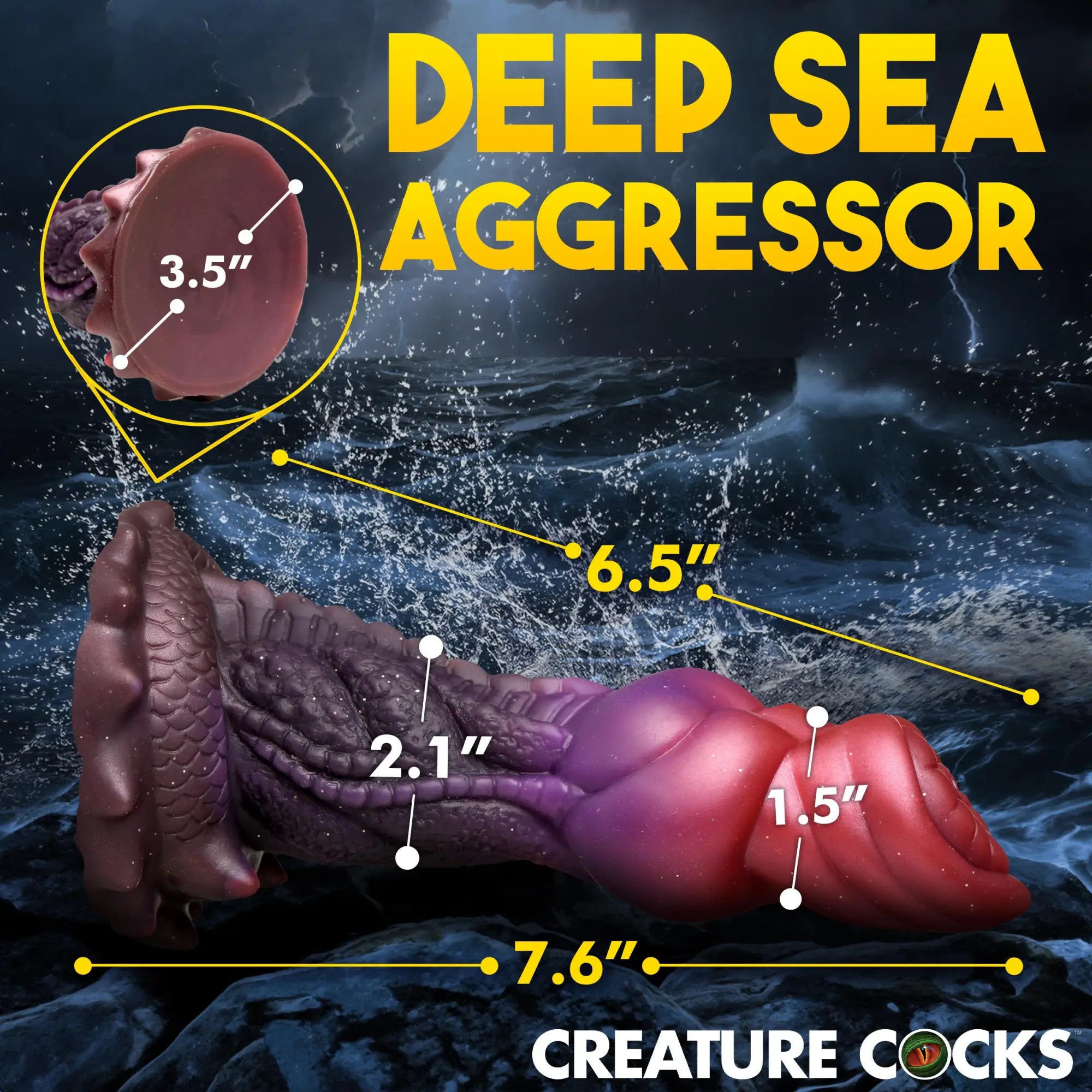 Creature Cocks Deep Diver dildo: a purple and red, tentacle-styled textured silicone toy with suction base and measurements.