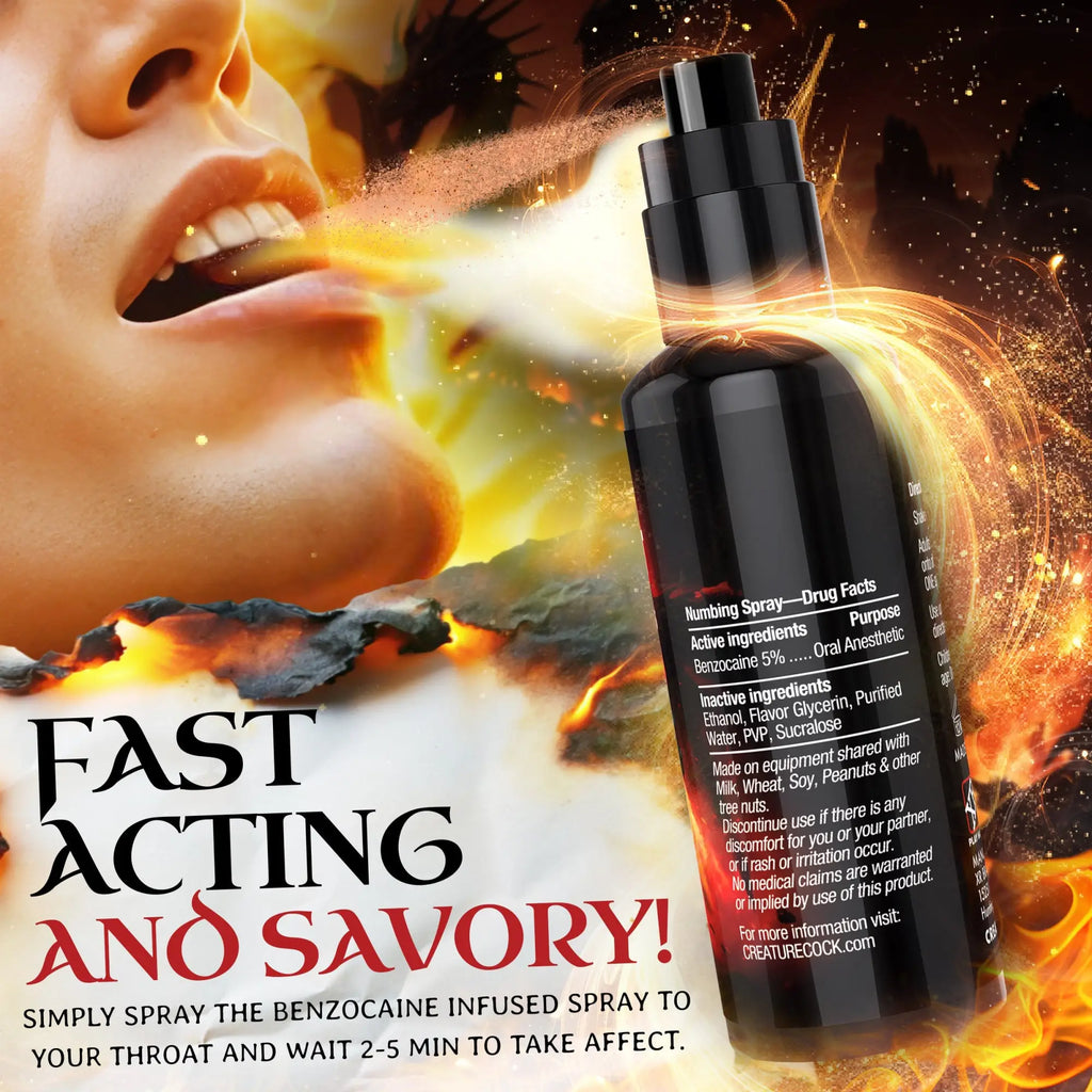 Creature Cocks Deep Throat Cinnamon Numbing Spray in a black bottle against a dramatic, fiery background with a person.