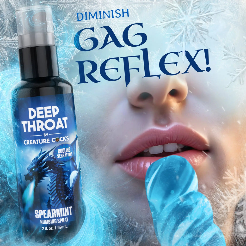 Creature Cocks Deep Throat Spearmint numbing spray bottle next to a person's mouth on a frosty, blue snowflake background.