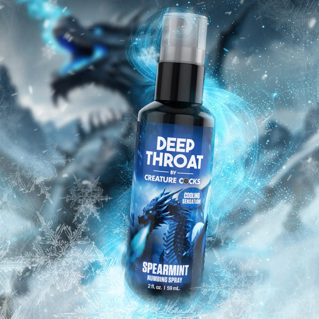 Creature Cocks Deep Throat Spearmint numbing spray bottle with blue dragon graphics, snowflakes, and mist effects.