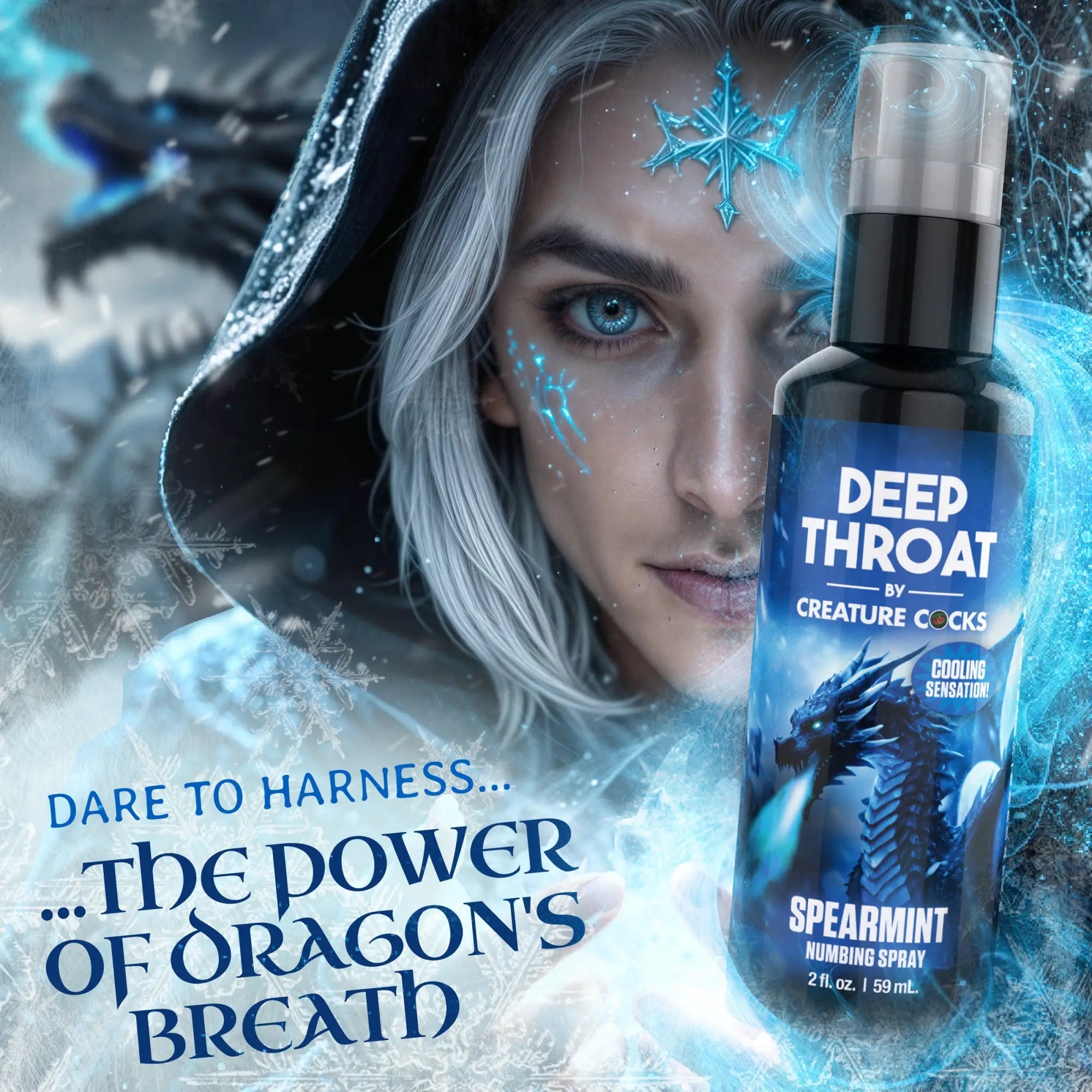 Creature Cocks Deep Throat Spearmint numbing spray bottle shown with a fantasy ice dragon theme and an icy-eyed model.