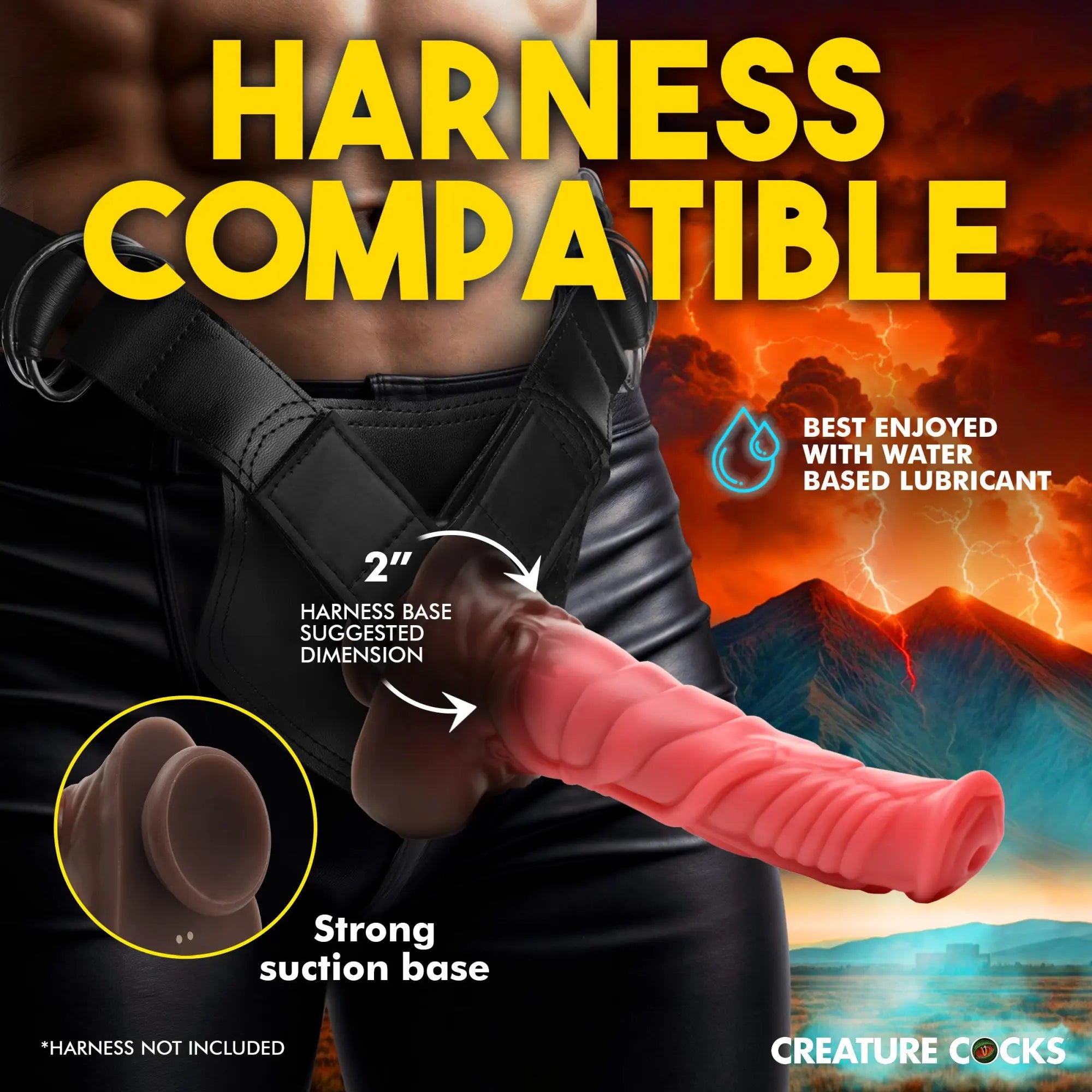 Creature Cocks Centaur silicone dildo in pink and brown, shown with a harness and suction base against a volcanic backdrop.