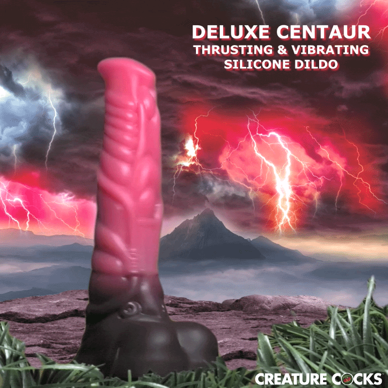 Creature Cocks Deluxe Centaur silicone dildo: a textured, pink-to-black ombre shaft standing against a stormy sky.
